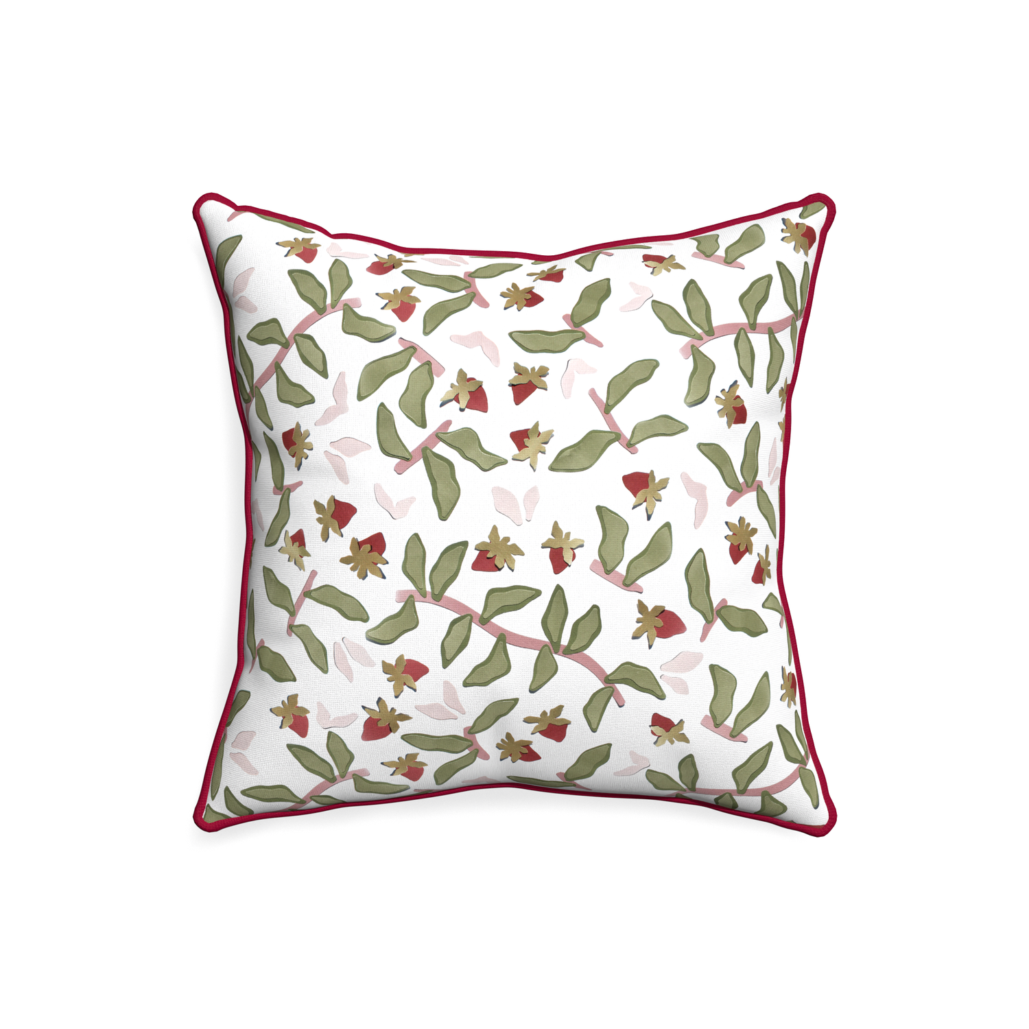20-square nellie custom strawberry & botanicalpillow with raspberry piping on white background