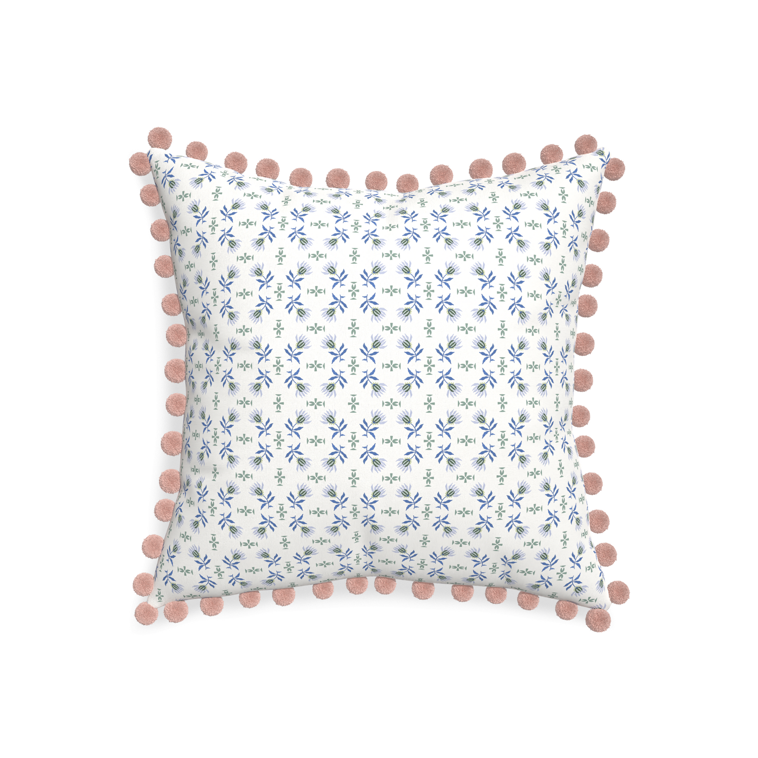 20-square lee custom blue & green floralpillow with rose pom pom on white background