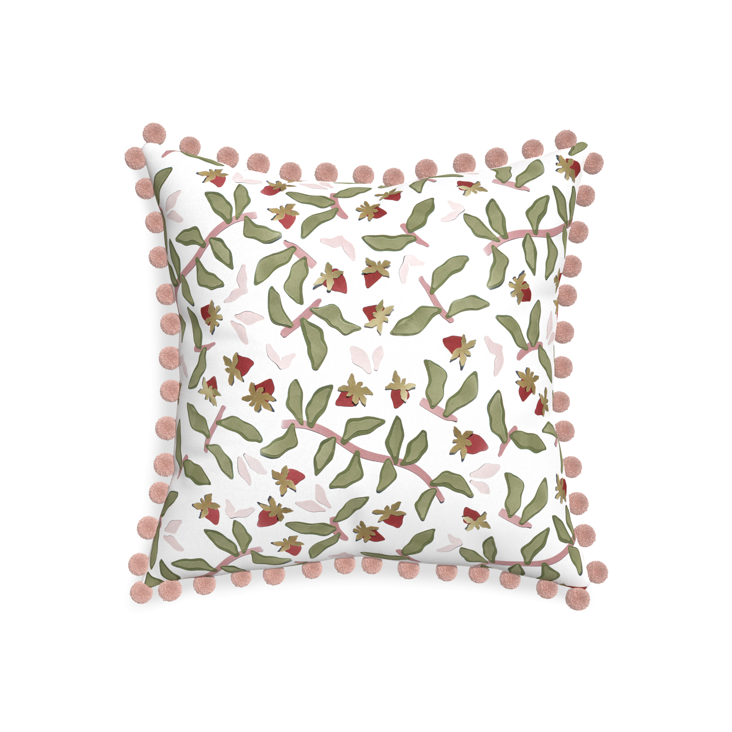 20-square nellie custom strawberry & botanicalpillow with rose pom pom on white background