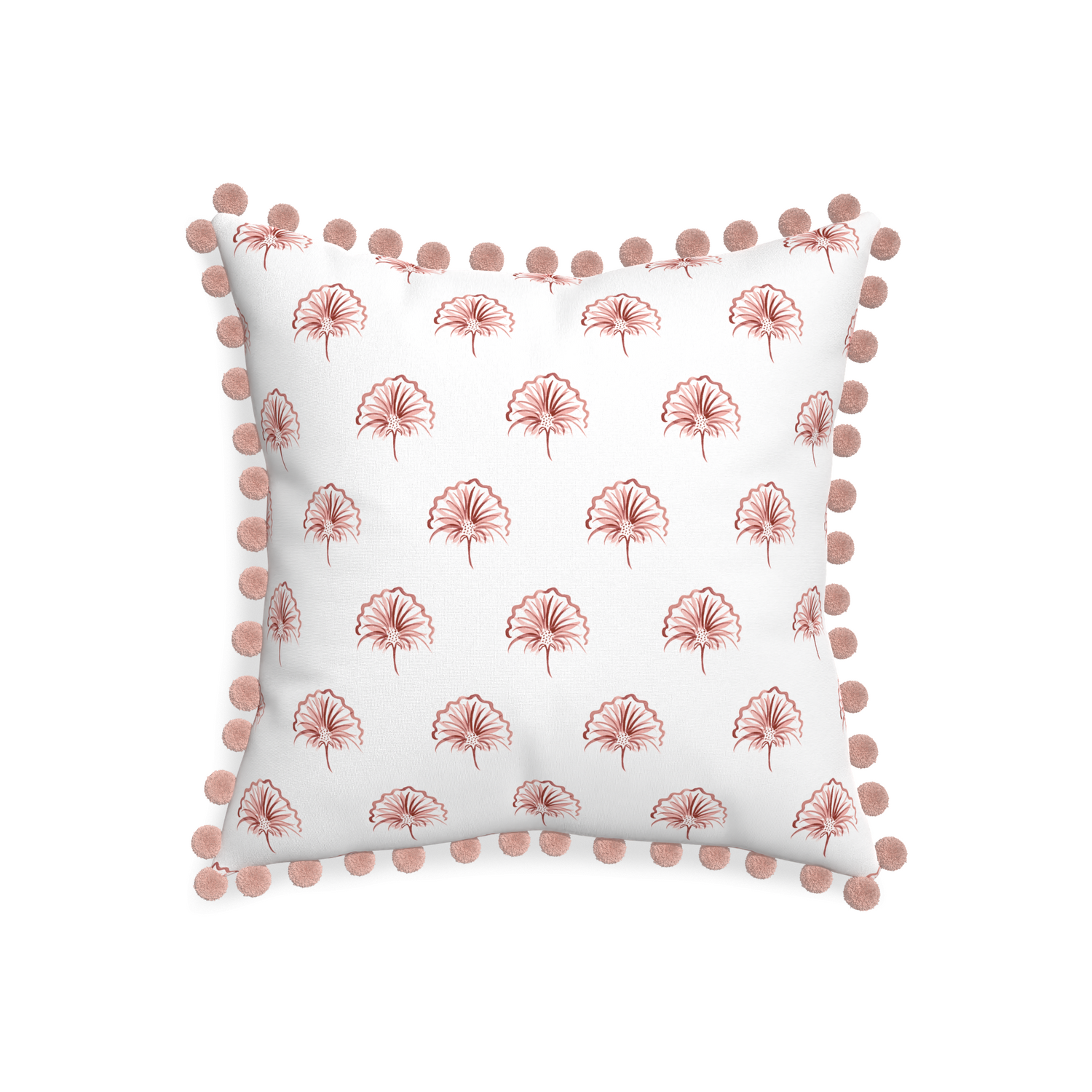 20-square penelope rose custom floral pinkpillow with rose pom pom on white background