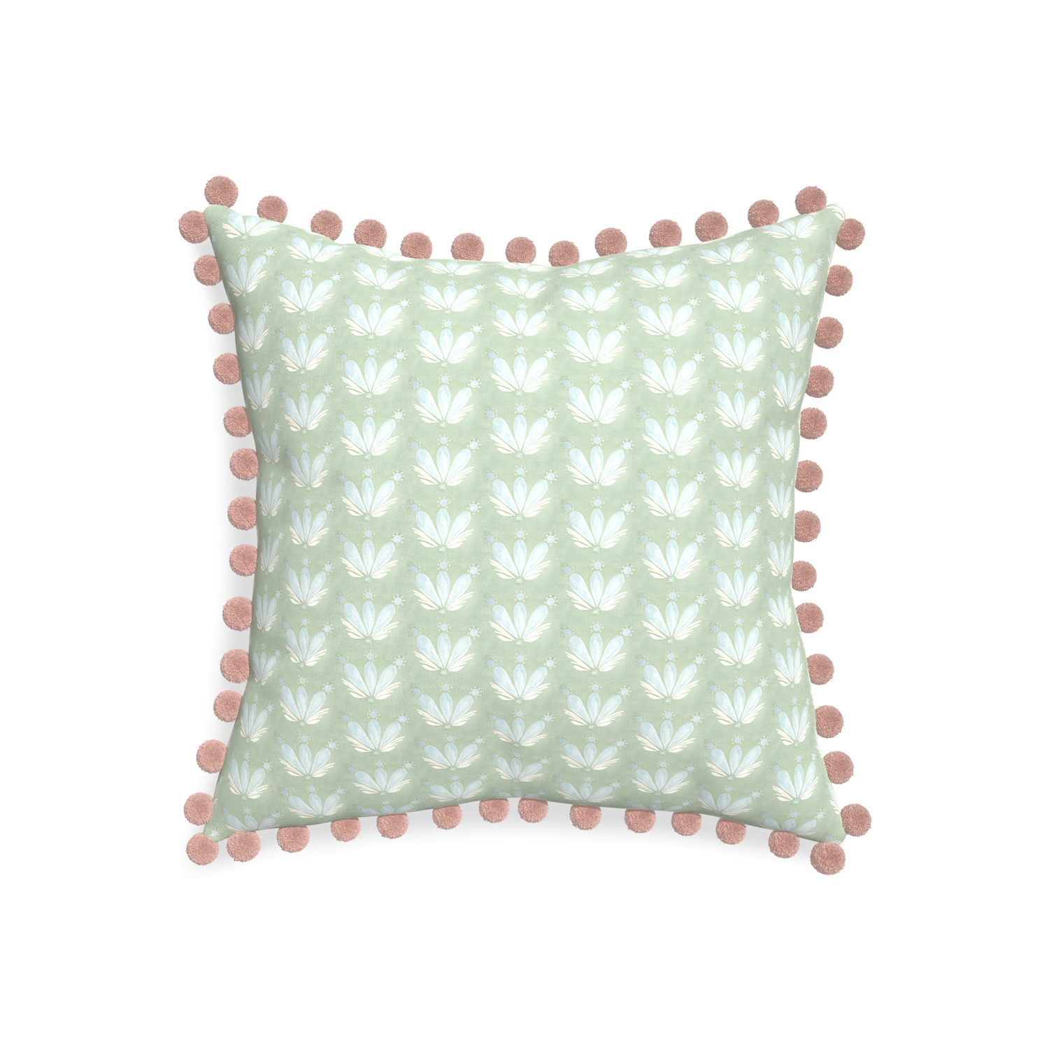 20-square serena sea salt custom blue & green floral drop repeatpillow with rose pom pom on white background