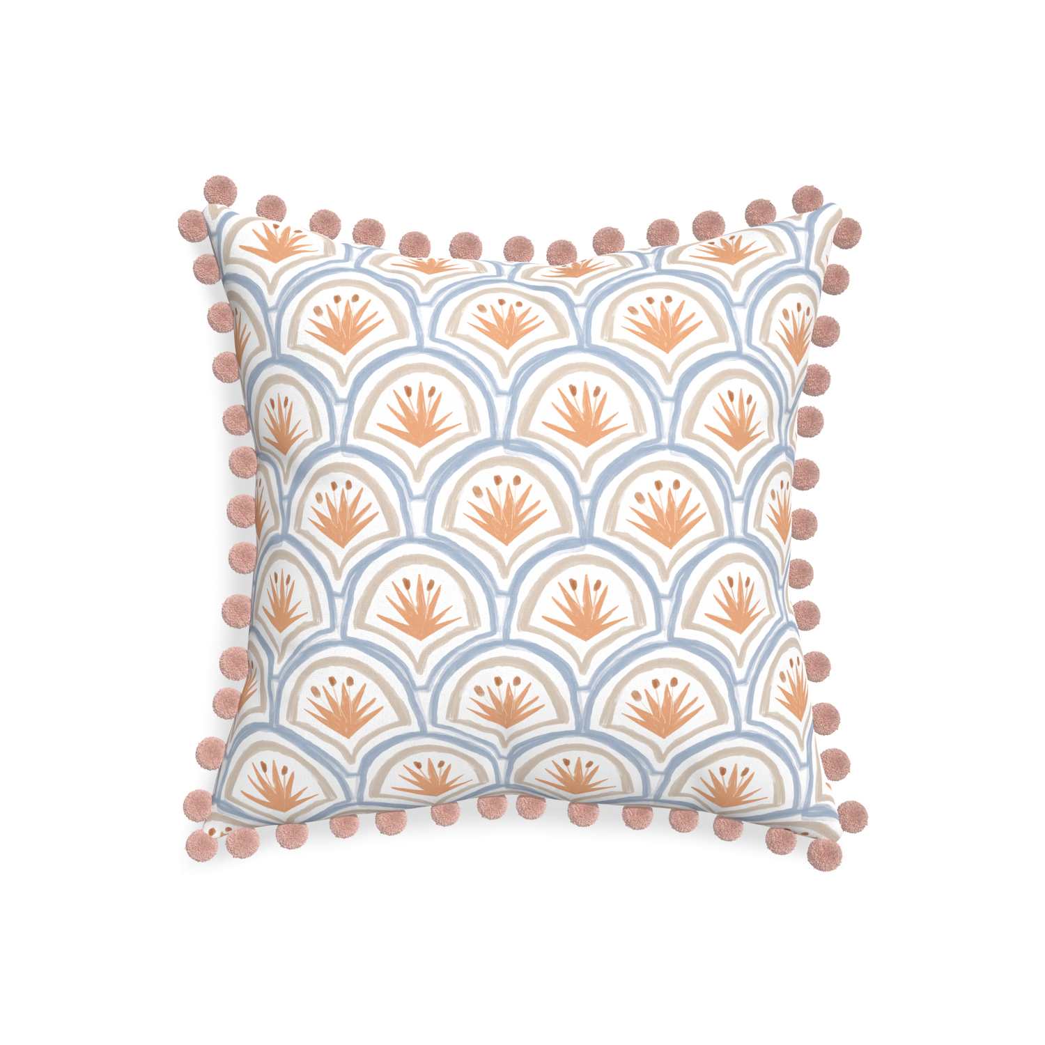 20-square thatcher apricot custom art deco palm patternpillow with rose pom pom on white background