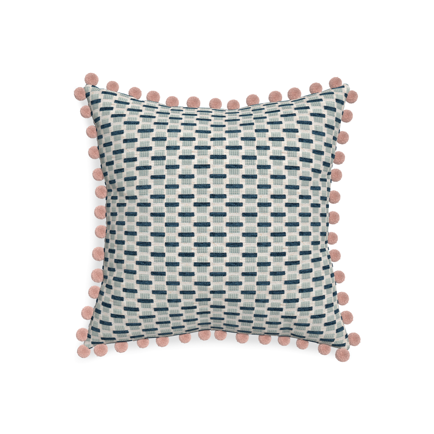 20-square willow amalfi custom blue geometric chenillepillow with rose pom pom on white background