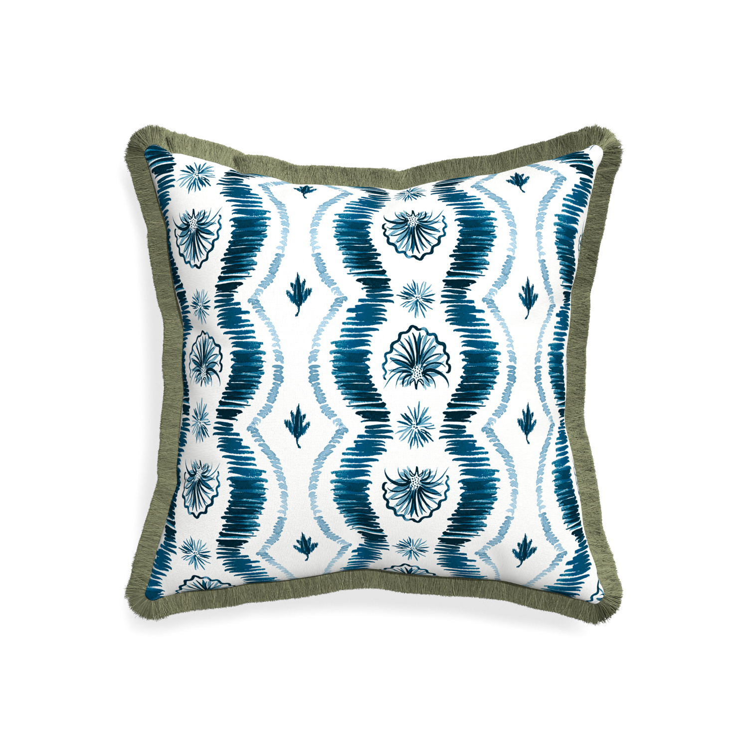 Square Blue Ikat Stripe Pillow with green fringe