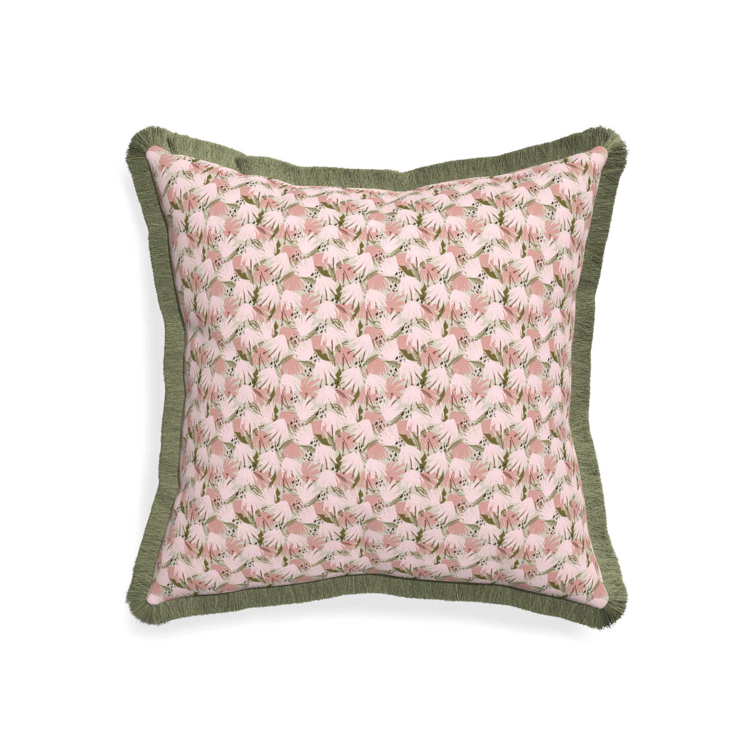 20-square eden pink custom pink floralpillow with sage fringe on white background