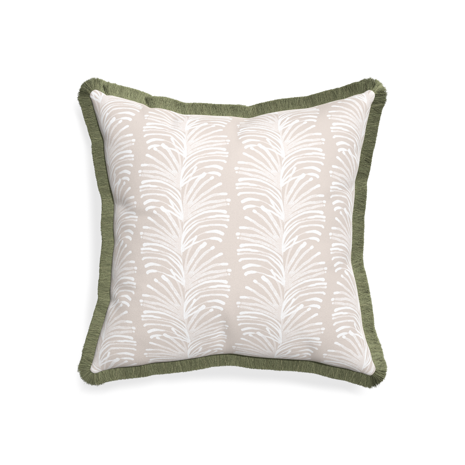 20-square emma sand custom sand colored botanical stripepillow with sage fringe on white background