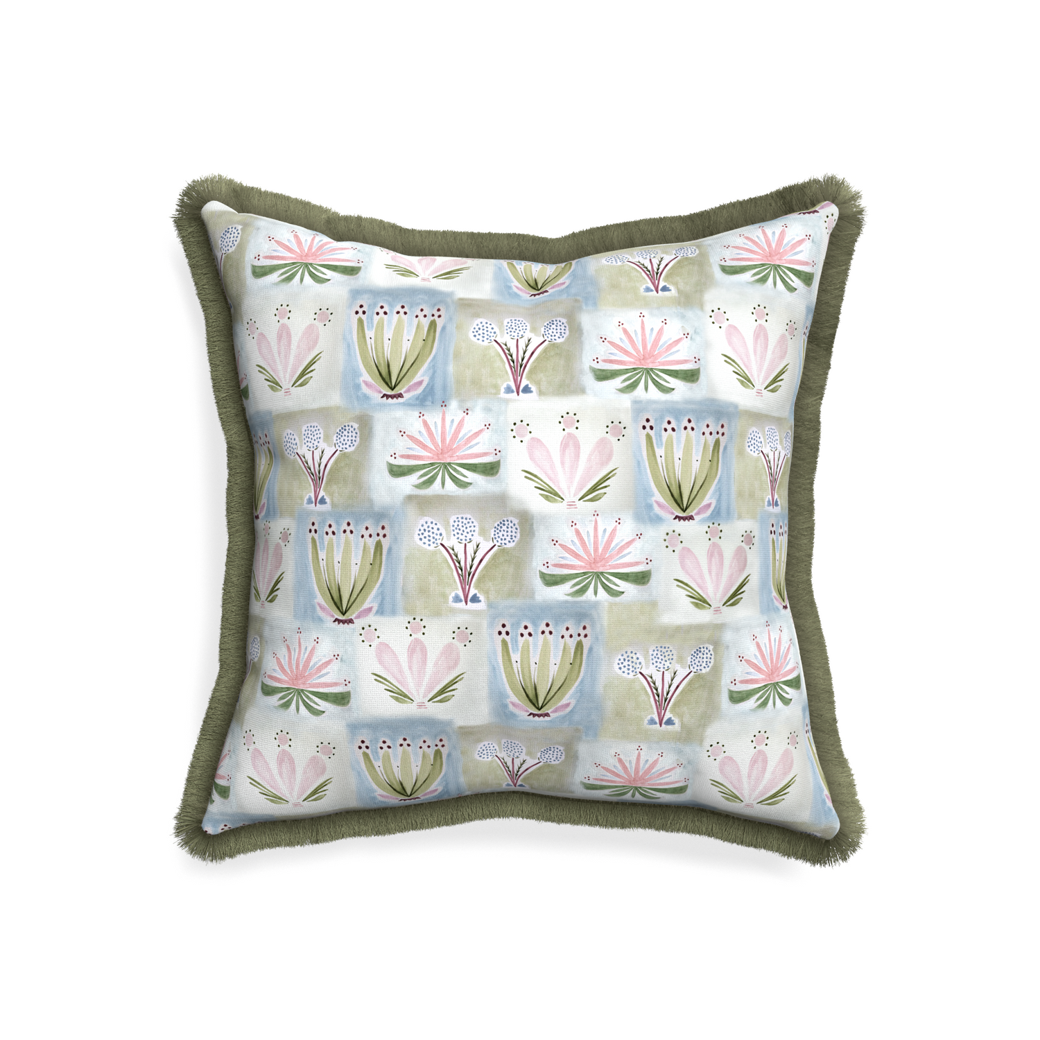 20-square harper custom hand-painted floralpillow with sage fringe on white background
