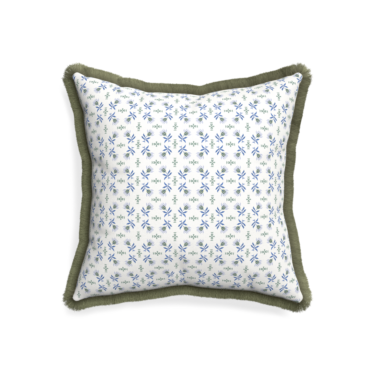 20-square lee custom blue & green floralpillow with sage fringe on white background