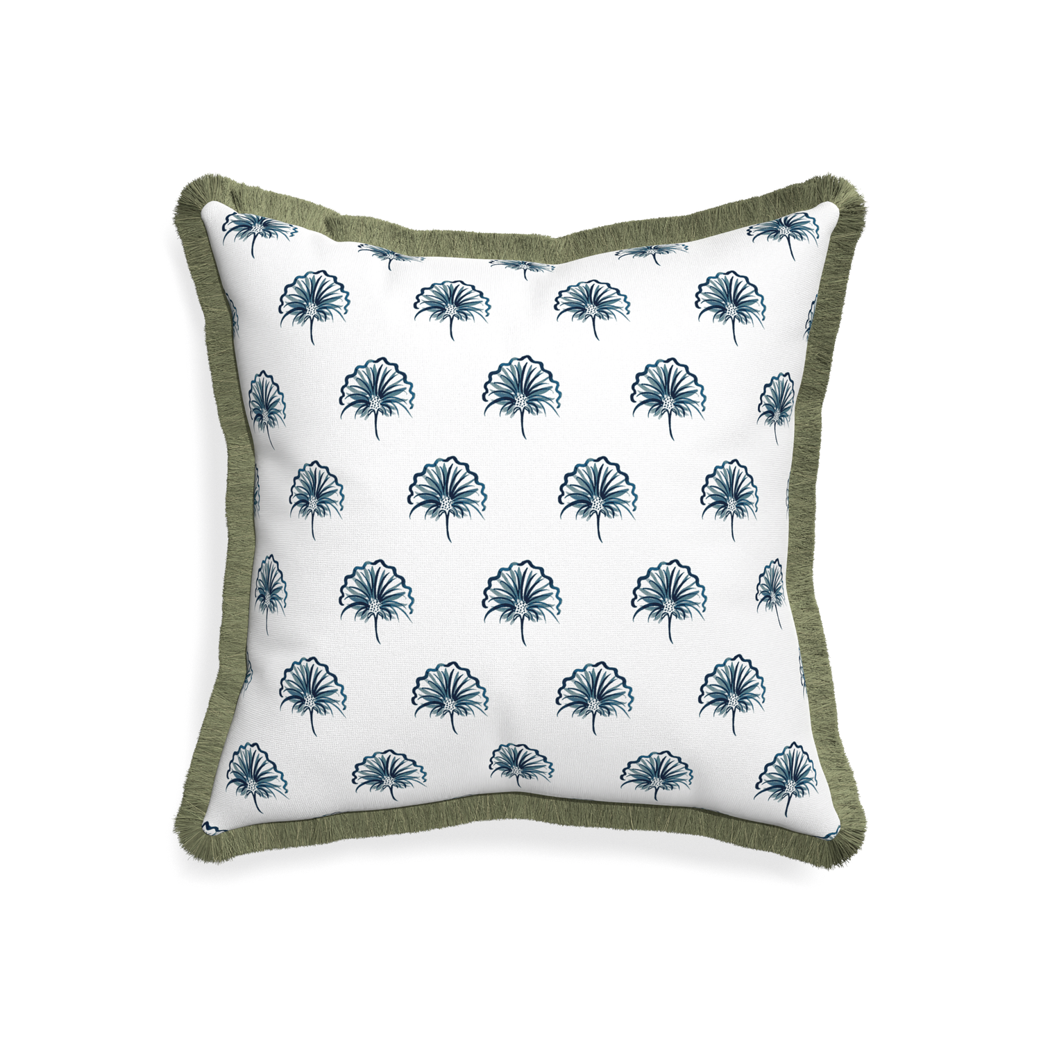 20-square penelope midnight custom floral navypillow with sage fringe on white background