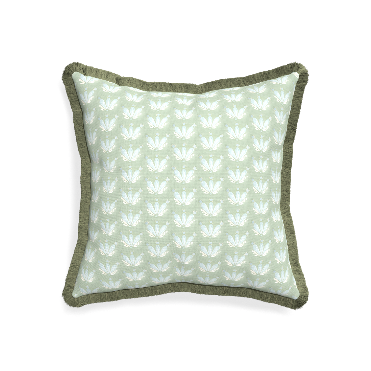20-square serena sea salt custom blue & green floral drop repeatpillow with sage fringe on white background