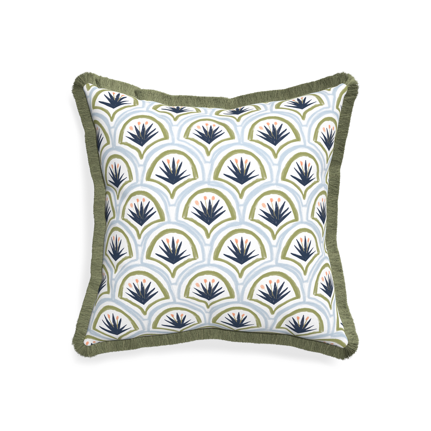 20-square thatcher midnight custom art deco palm patternpillow with sage fringe on white background