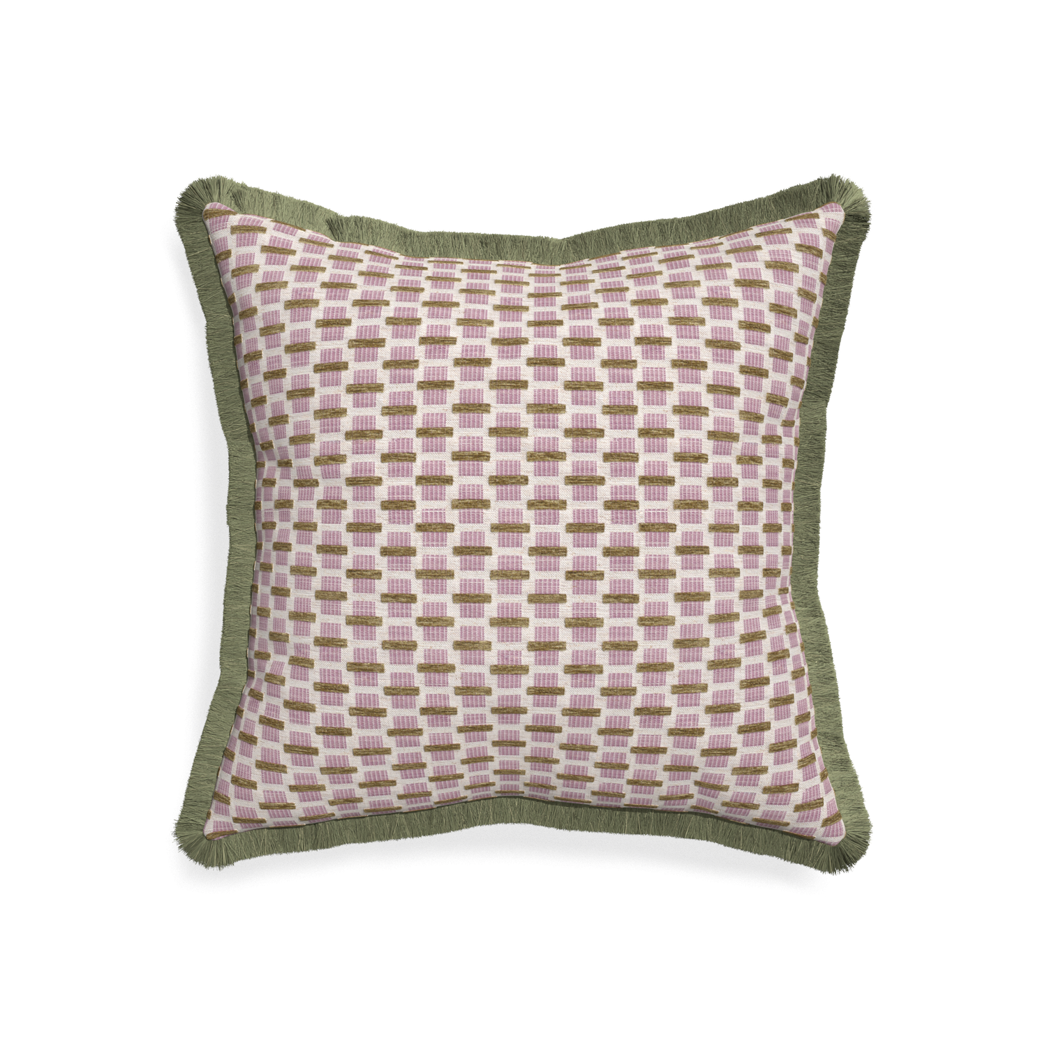 20-square willow orchid custom pink geometric chenillepillow with sage fringe on white background