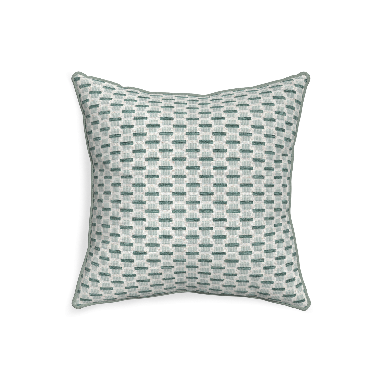 20-square willow mint custom green geometric chenillepillow with sage piping on white background
