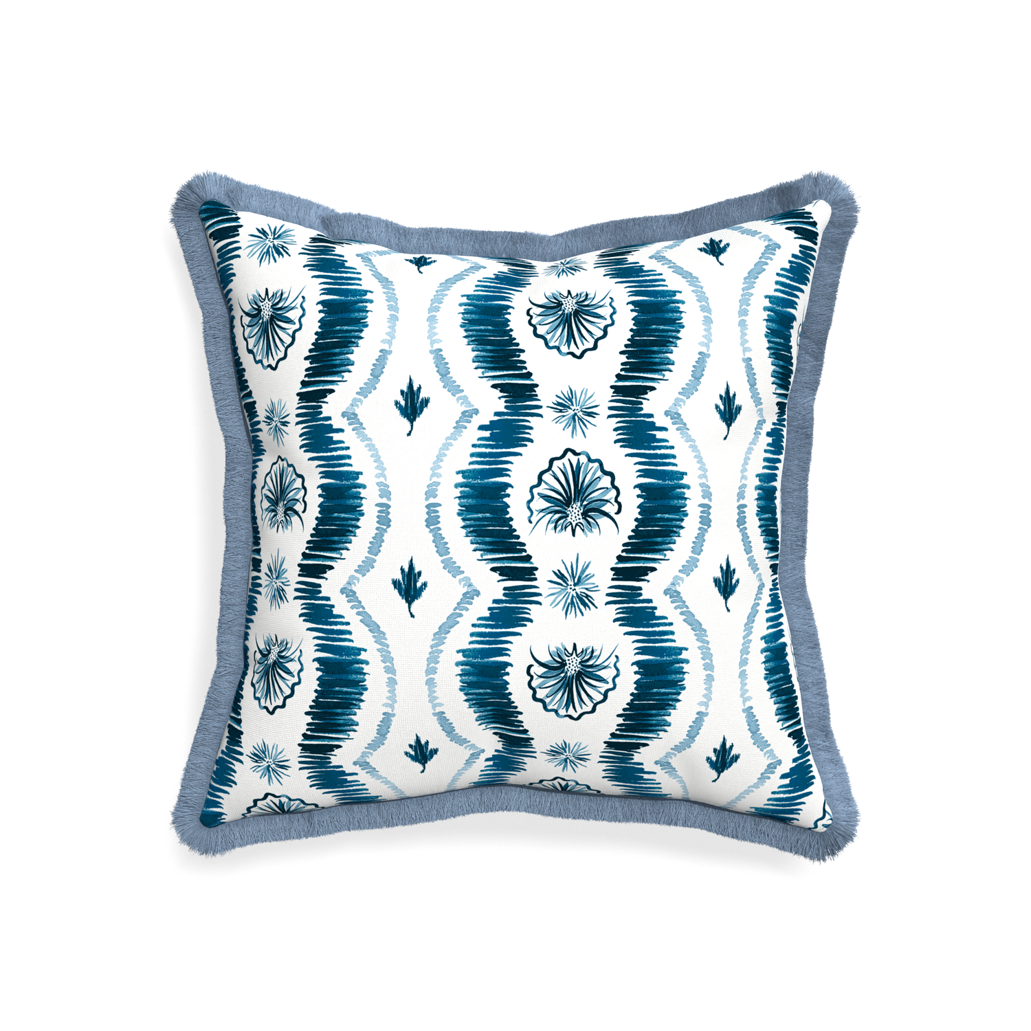 20 inch Square Blue Ikat Stripe Pillow with sky blue fringe