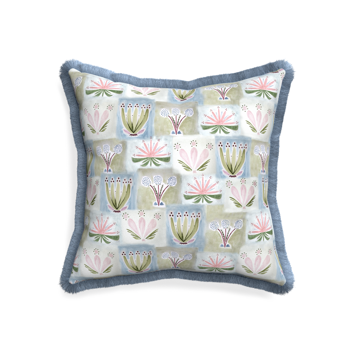 20-square harper custom hand-painted floralpillow with sky fringe on white background