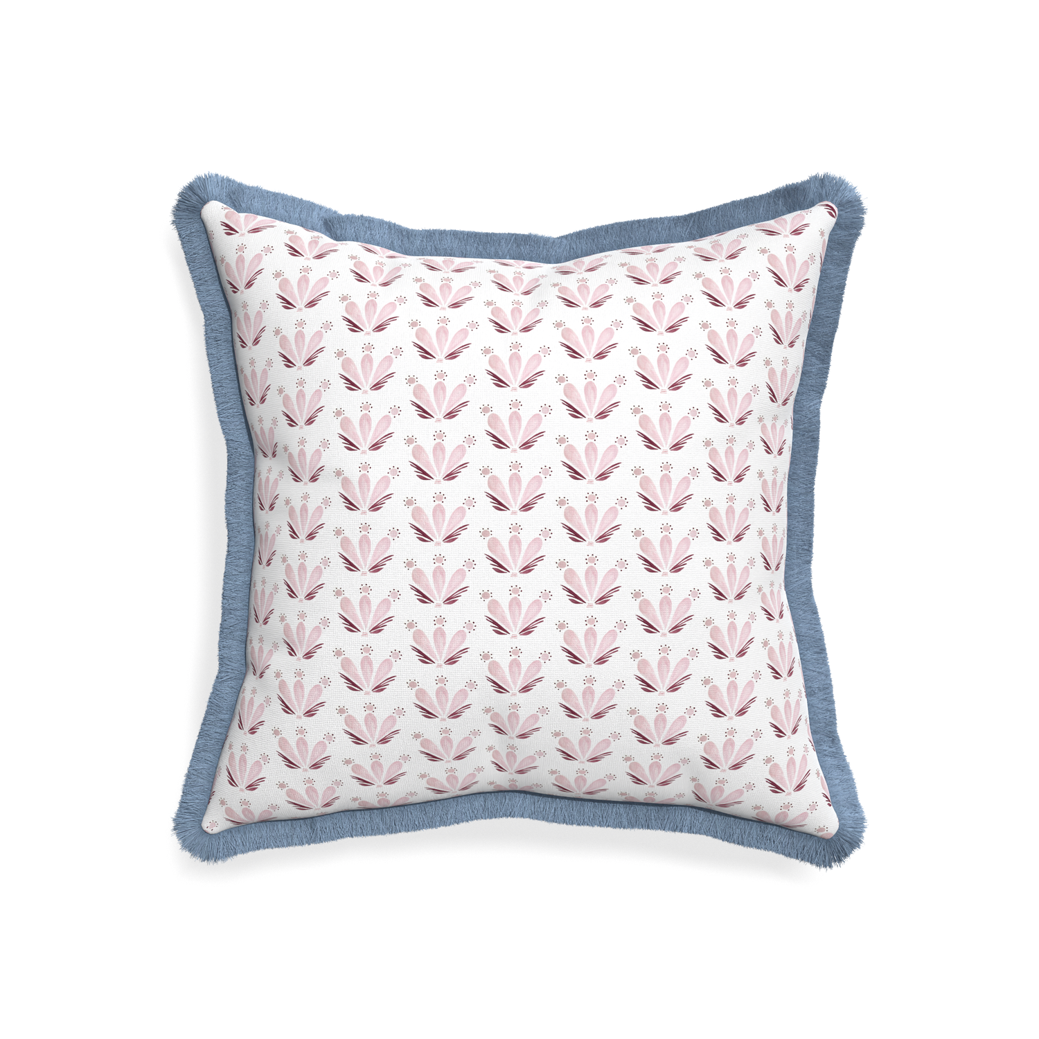 20-square serena pink custom pink & burgundy drop repeat floralpillow with sky fringe on white background