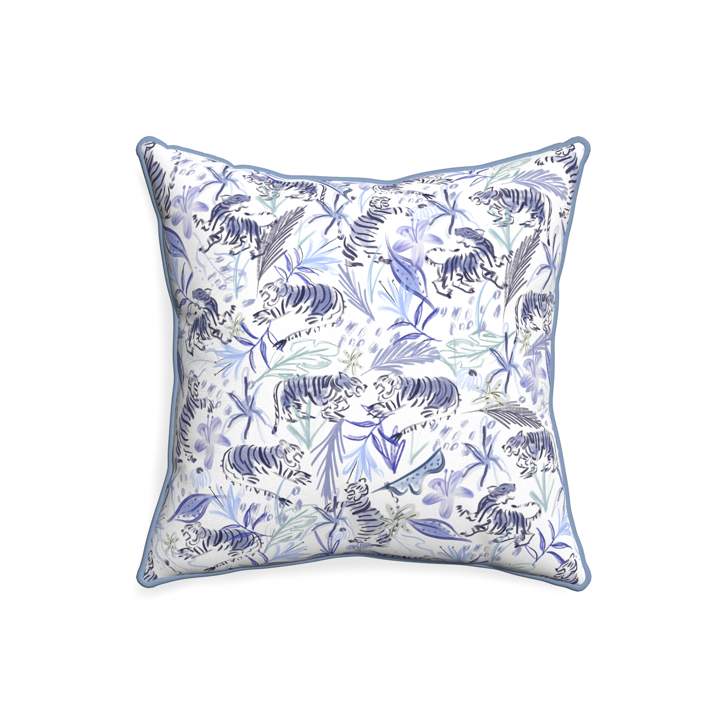 20-square frida blue custom blue with intricate tiger designpillow with sky piping on white background