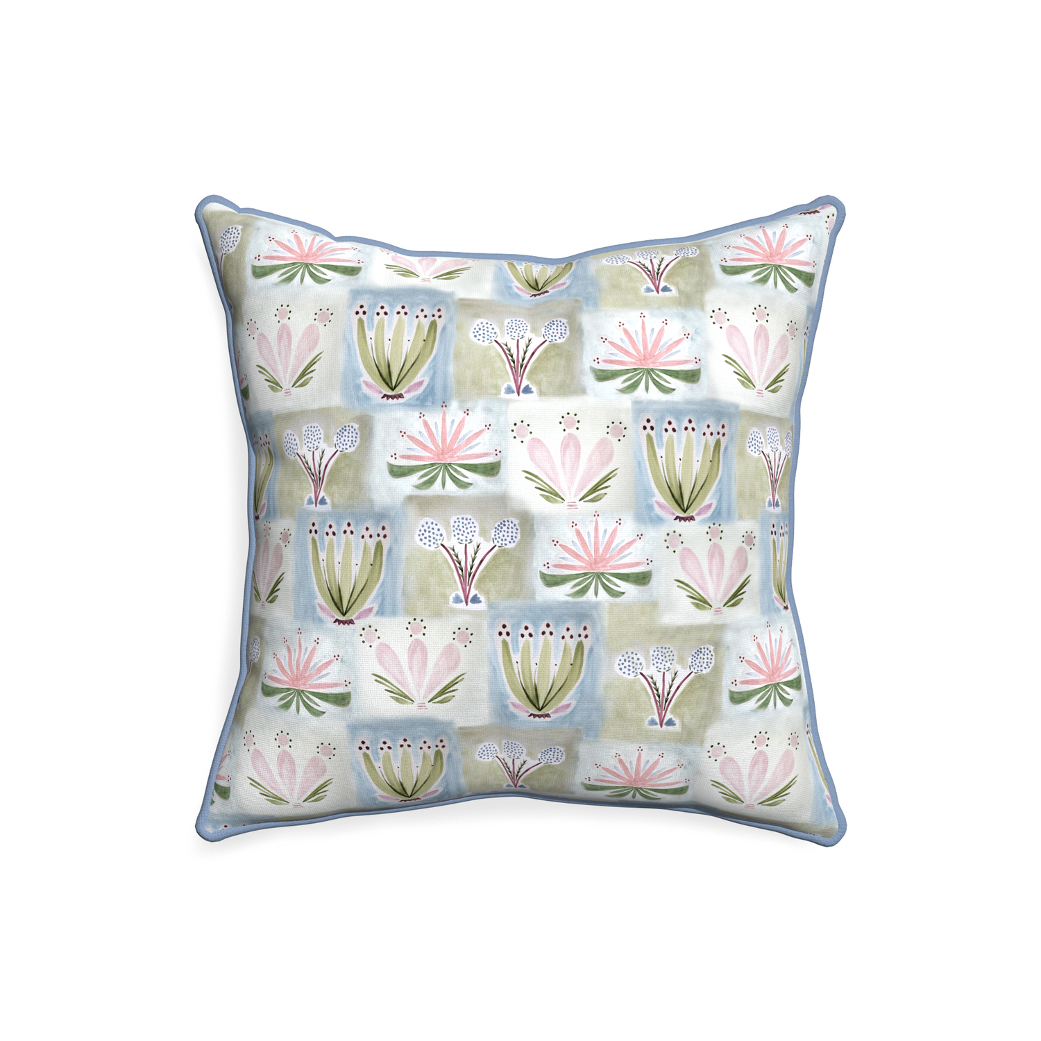 20-square harper custom hand-painted floralpillow with sky piping on white background