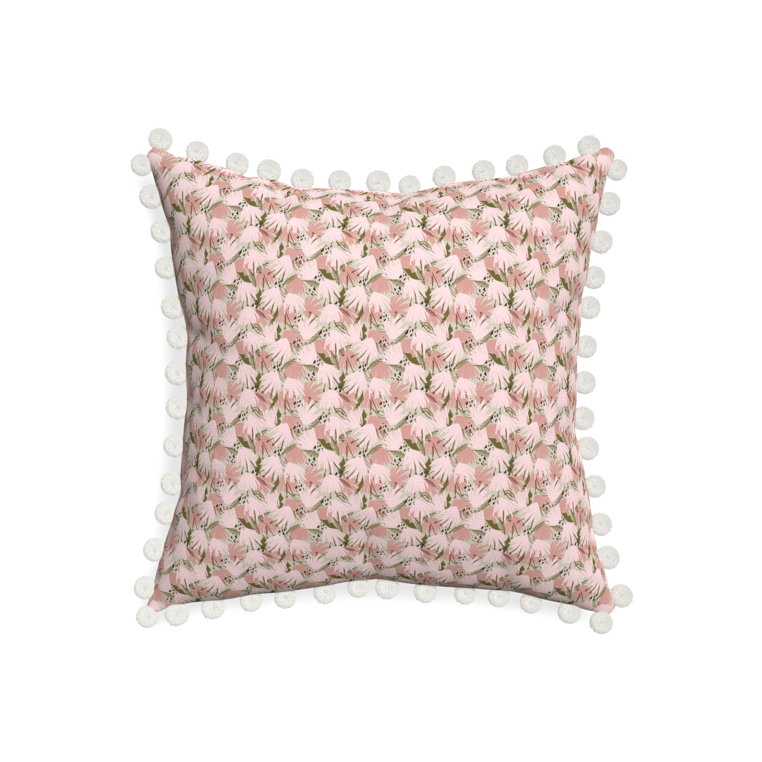 20-square eden pink custom pink floralpillow with snow pom pom on white background