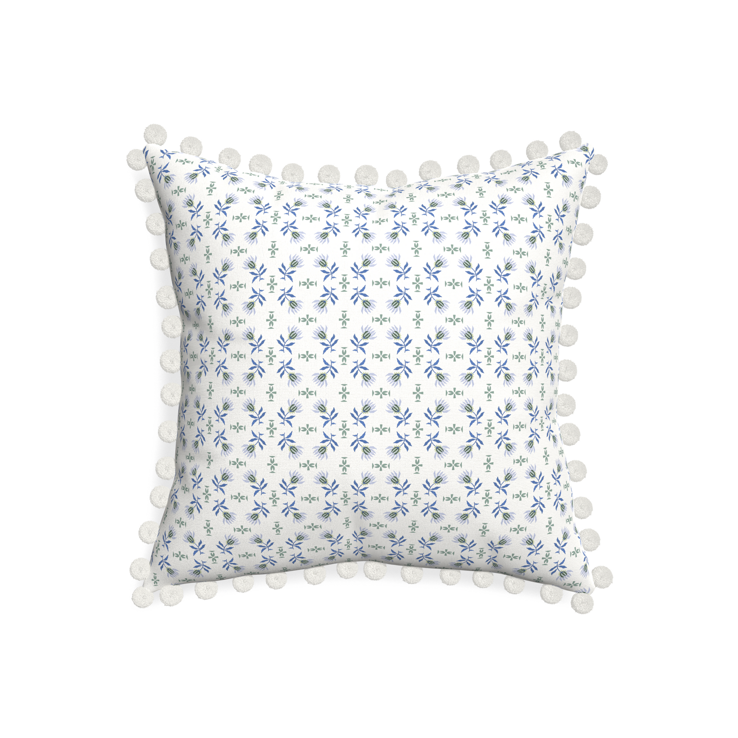 20-square lee custom blue & green floralpillow with snow pom pom on white background