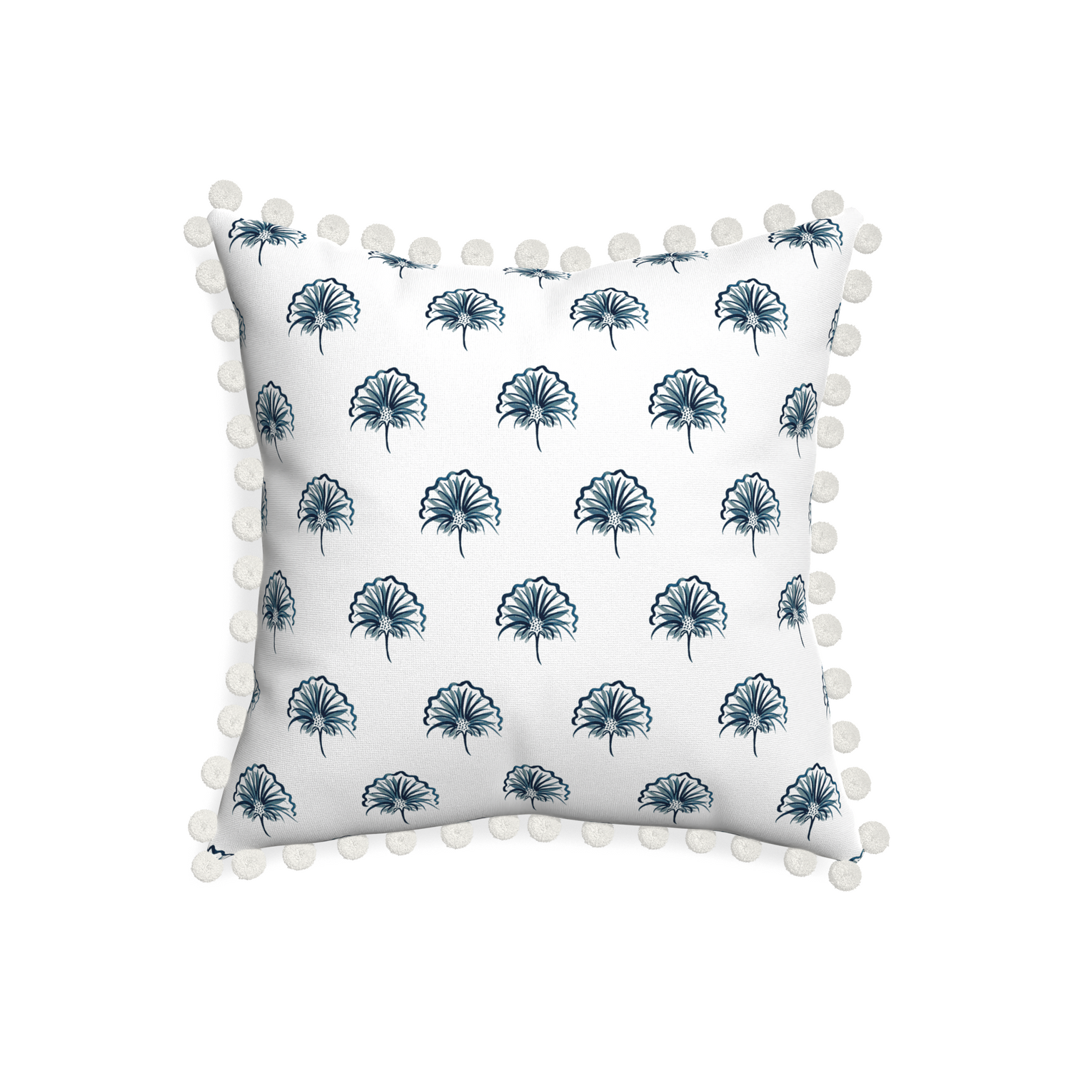 20-square penelope midnight custom floral navypillow with snow pom pom on white background