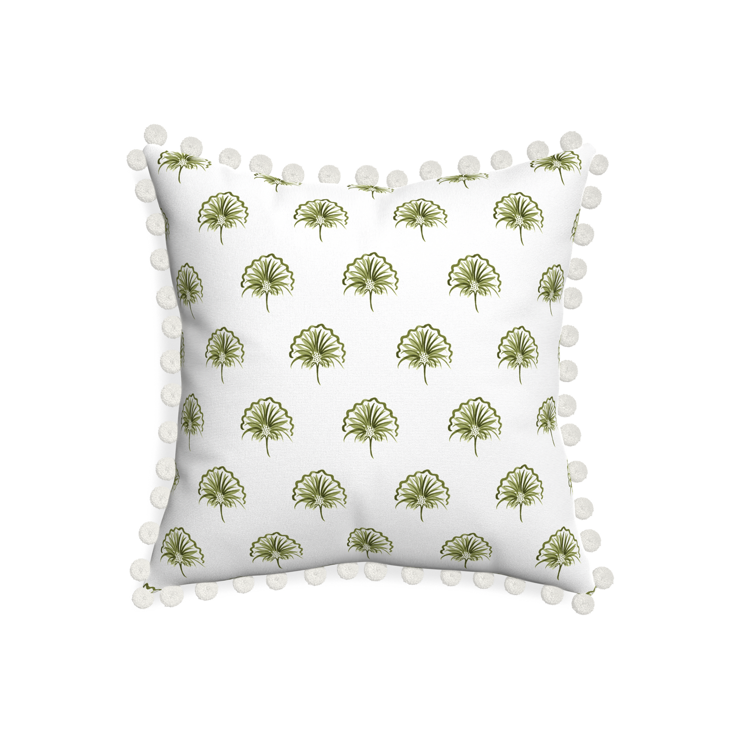 20-square penelope moss custom green floralpillow with snow pom pom on white background