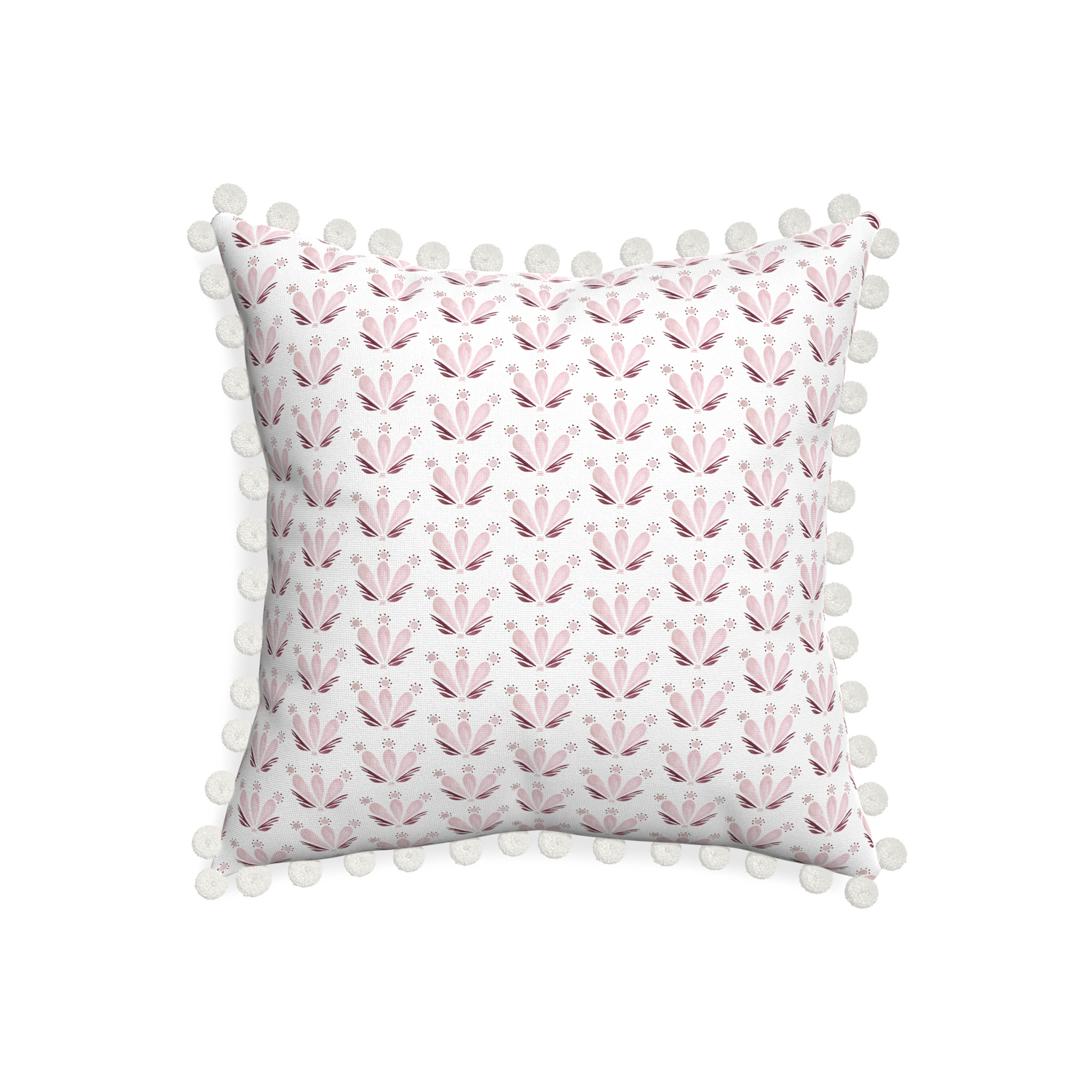 20-square serena pink custom pink & burgundy drop repeat floralpillow with snow pom pom on white background