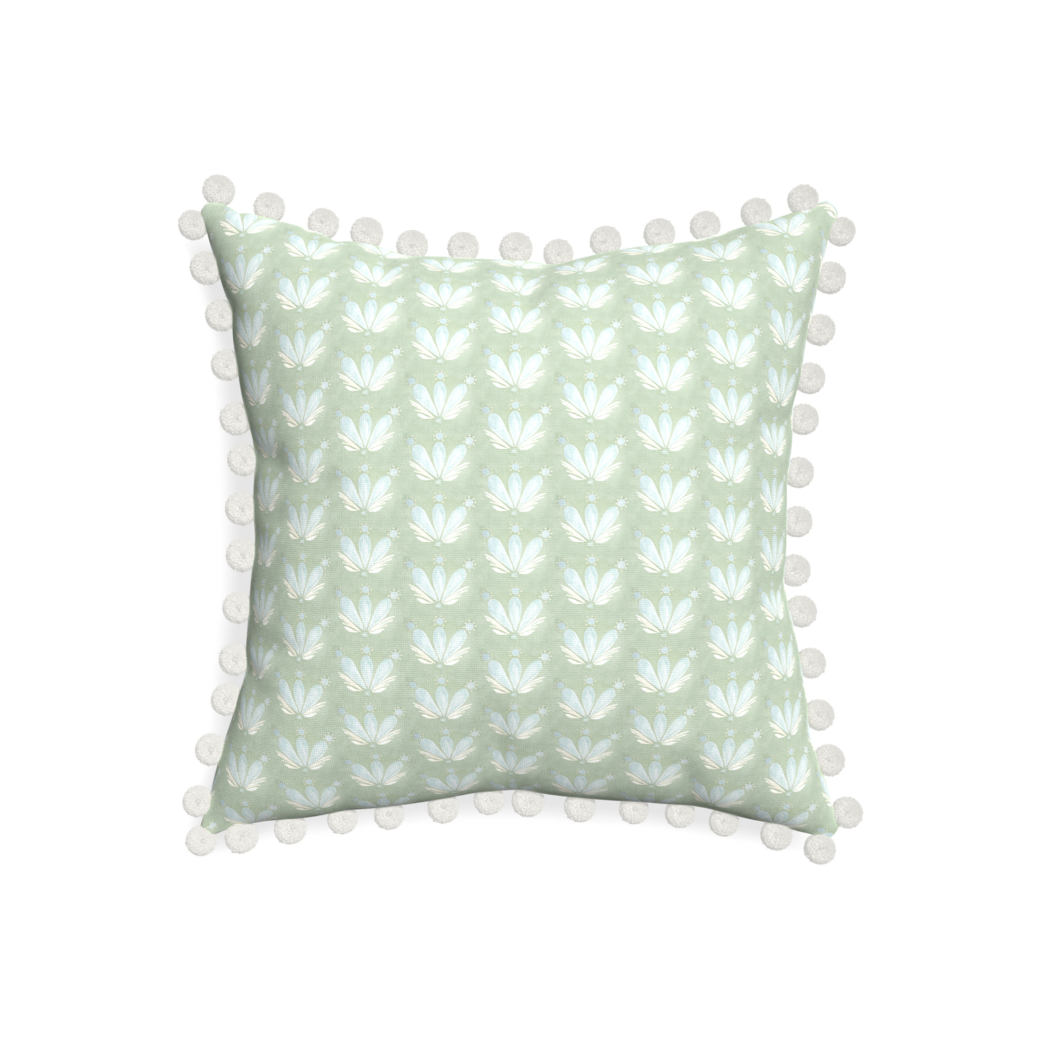 20-square serena sea salt custom blue & green floral drop repeatpillow with snow pom pom on white background