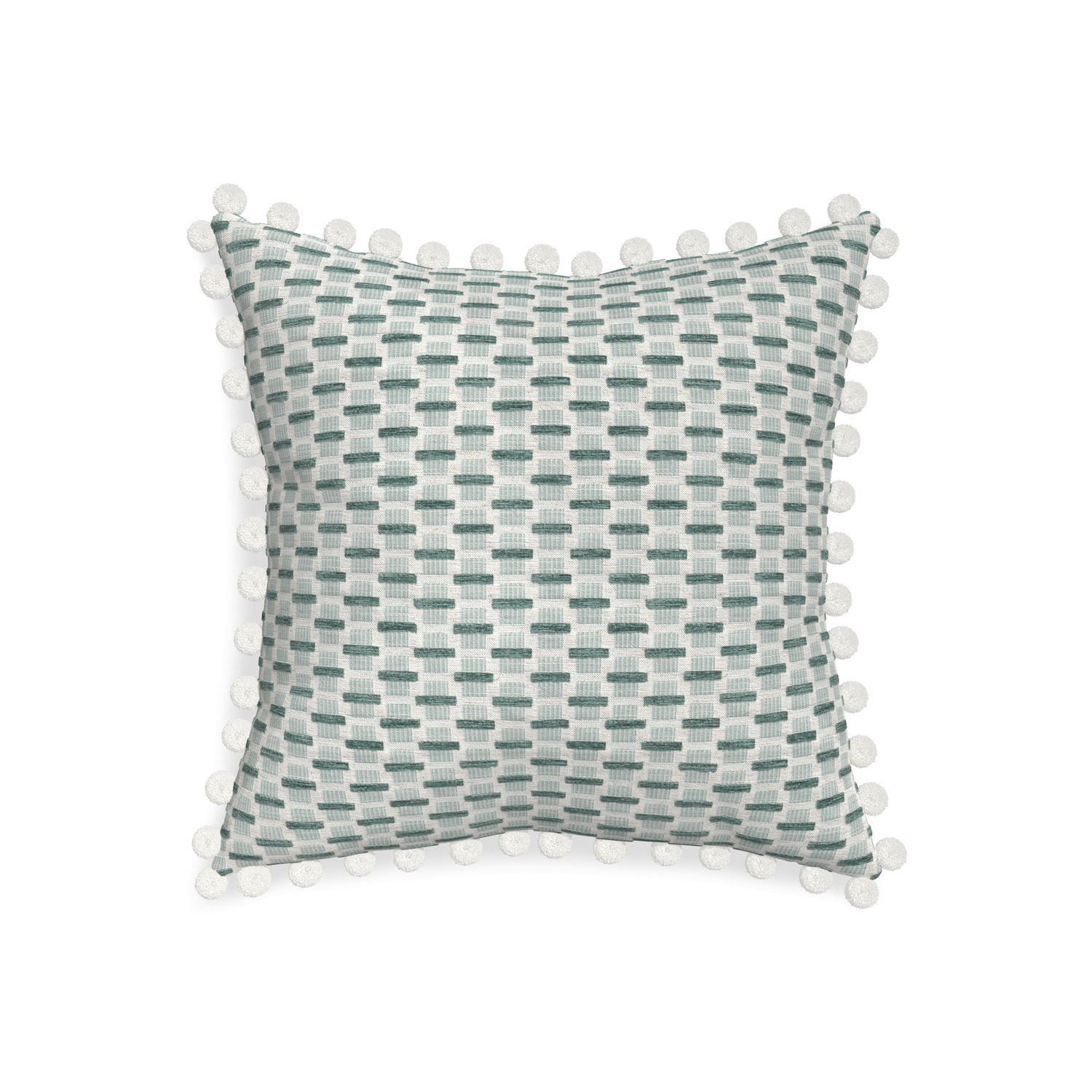 20-square willow mint custom green geometric chenillepillow with snow pom pom on white background