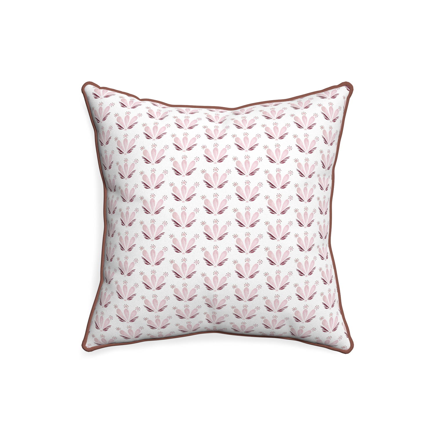 20-square serena pink custom pink & burgundy drop repeat floralpillow with w piping on white background