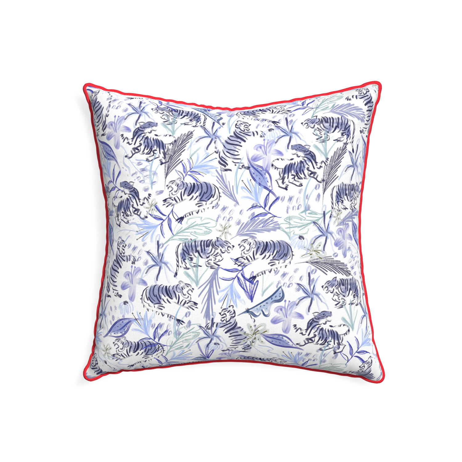 22-square frida blue custom blue with intricate tiger designpillow with cherry piping on white background
