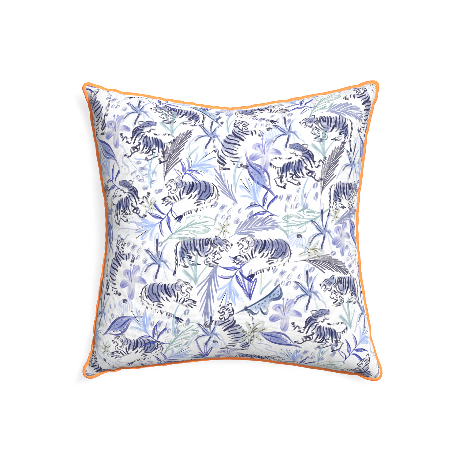 22-square frida blue custom blue with intricate tiger designpillow with clementine piping on white background