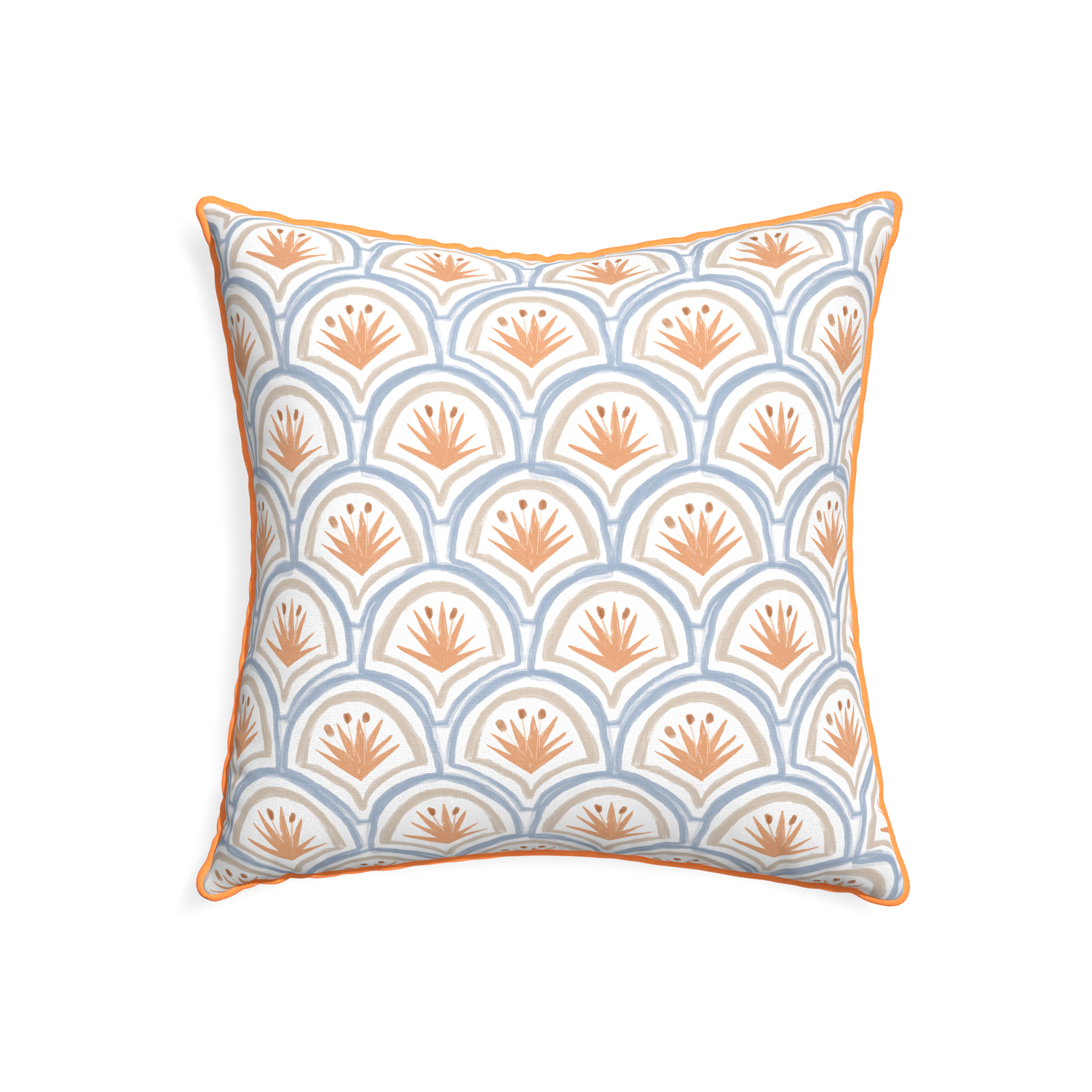 22-square thatcher apricot custom art deco palm patternpillow with clementine piping on white background