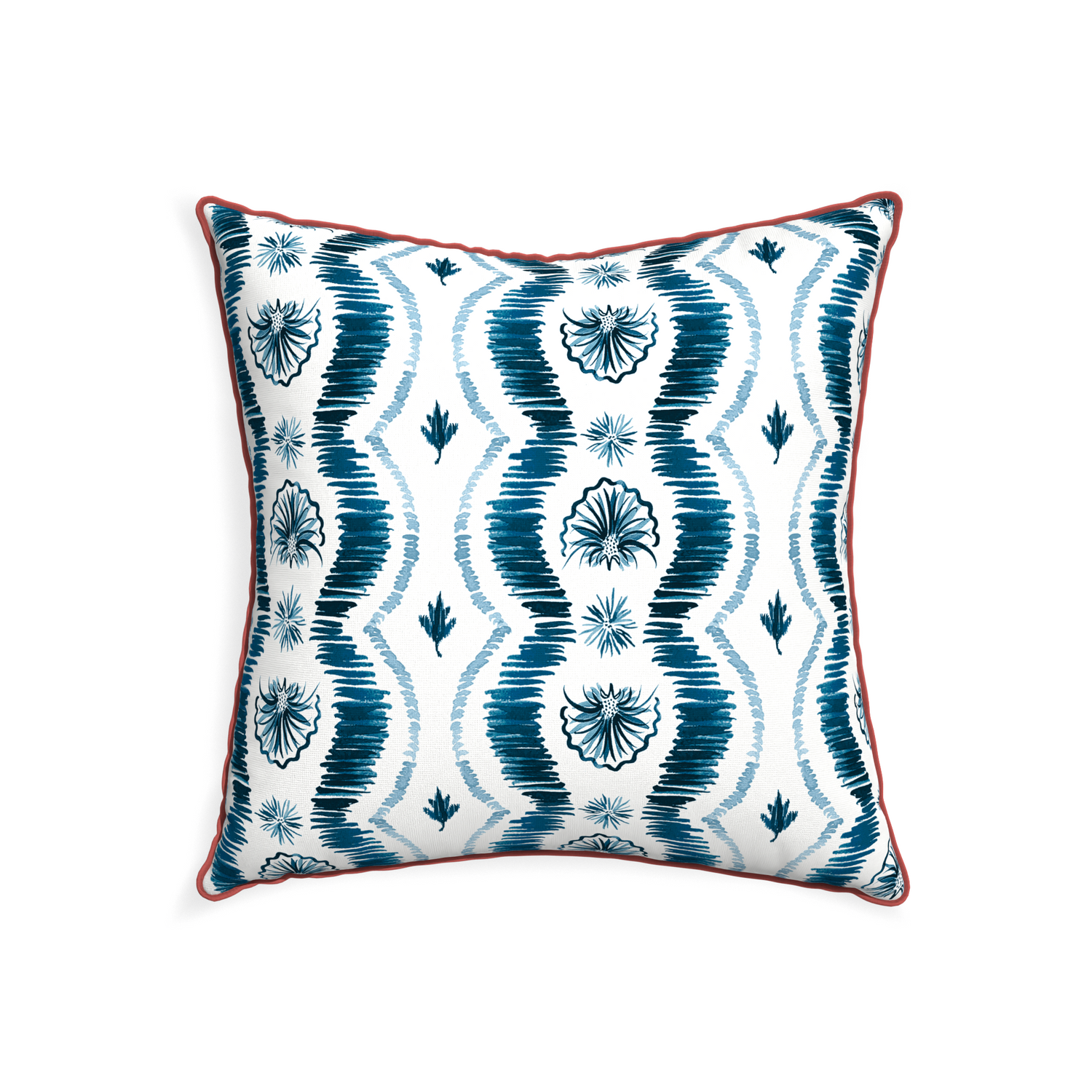 Square Blue Ikat Stripe Pillow with pink velvet piping