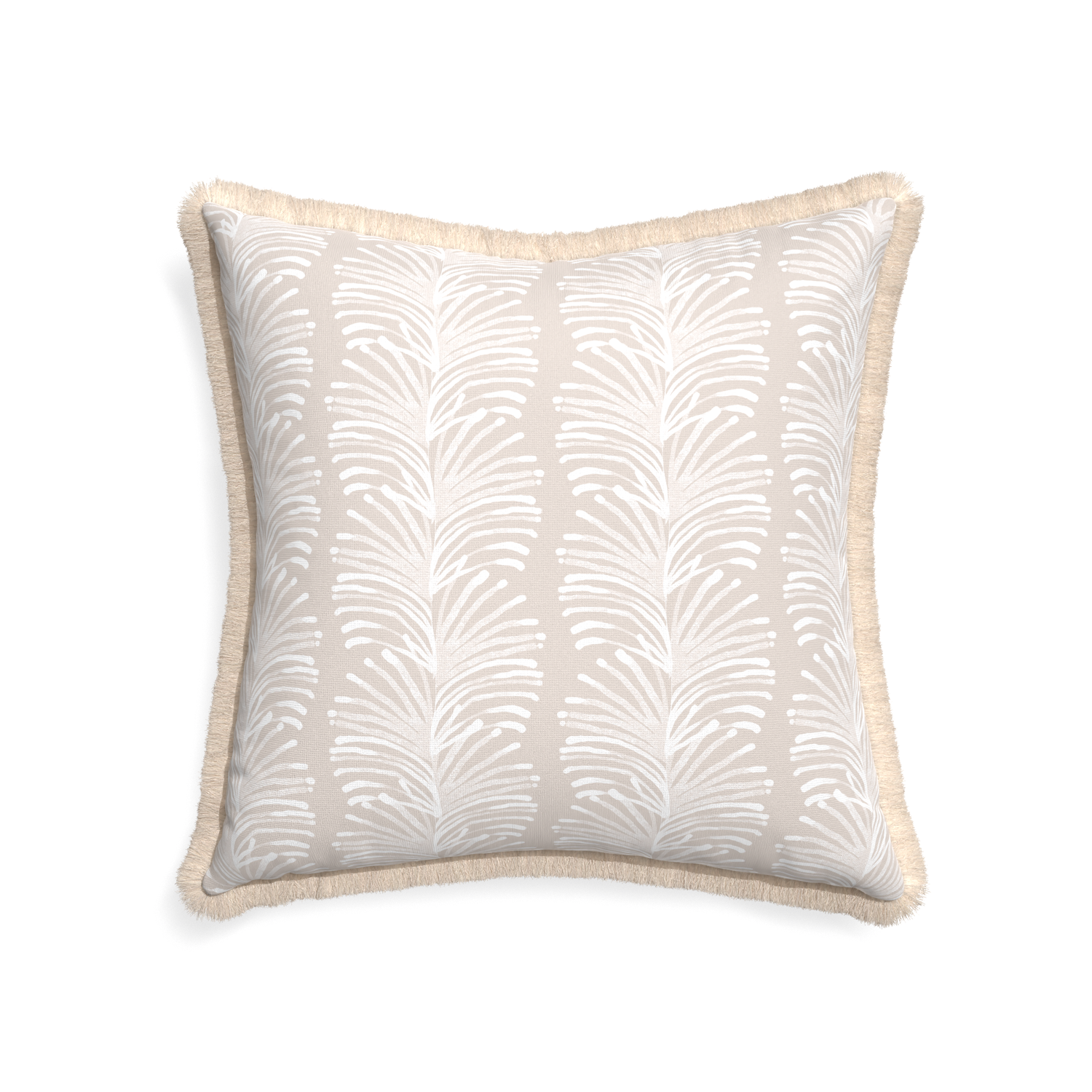 22-square emma sand custom sand colored botanical stripepillow with cream fringe on white background