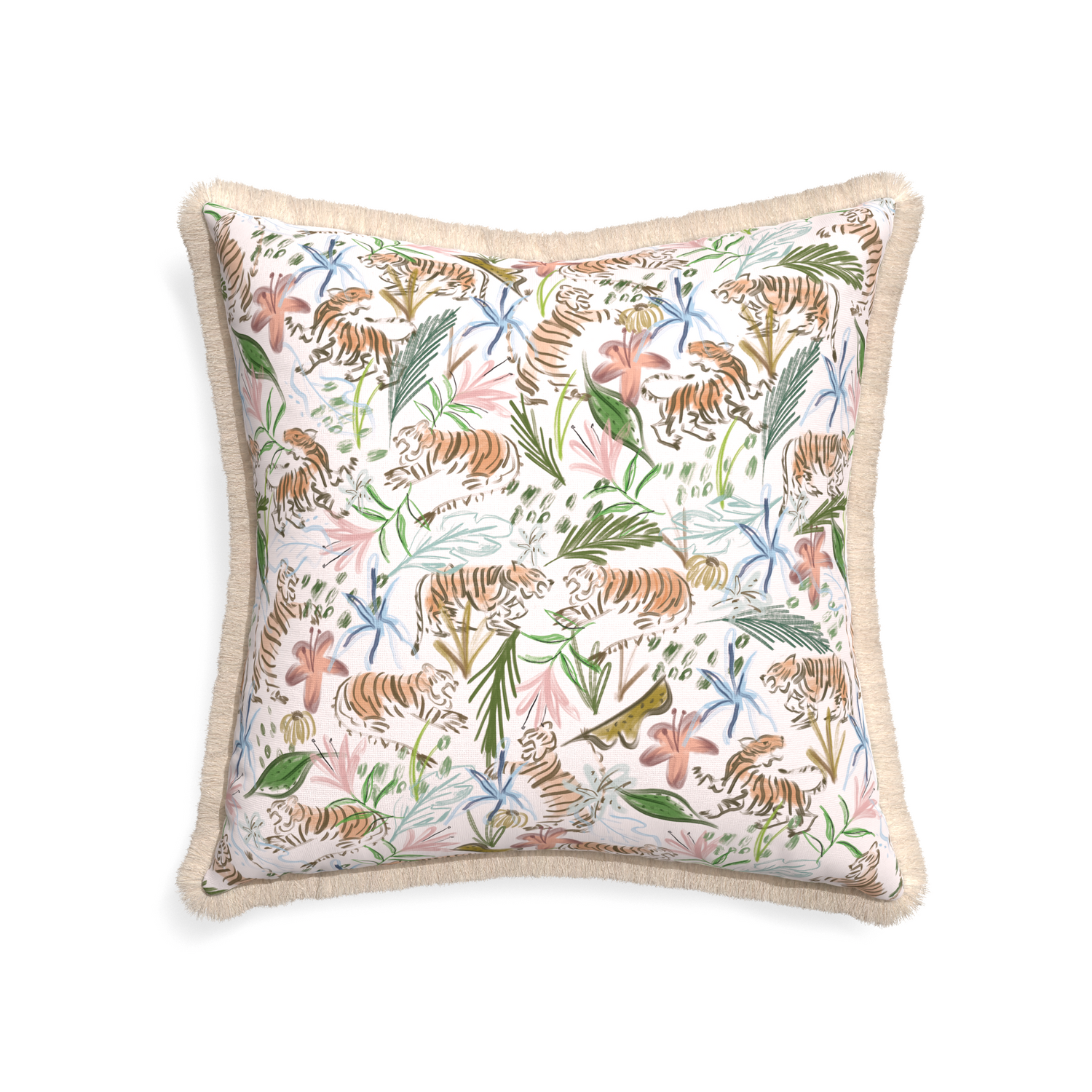 22-square frida pink custom pink chinoiserie tigerpillow with cream fringe on white background
