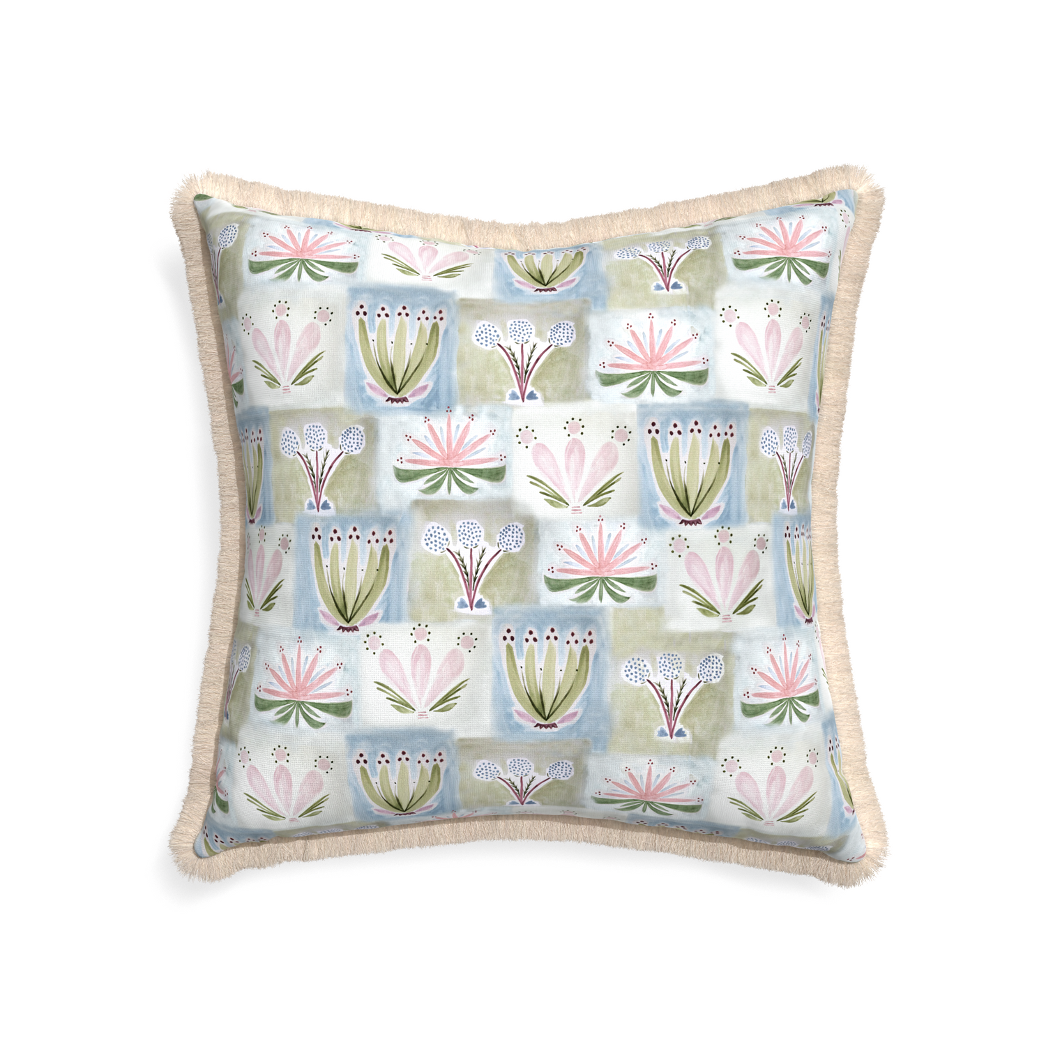 22-square harper custom hand-painted floralpillow with cream fringe on white background