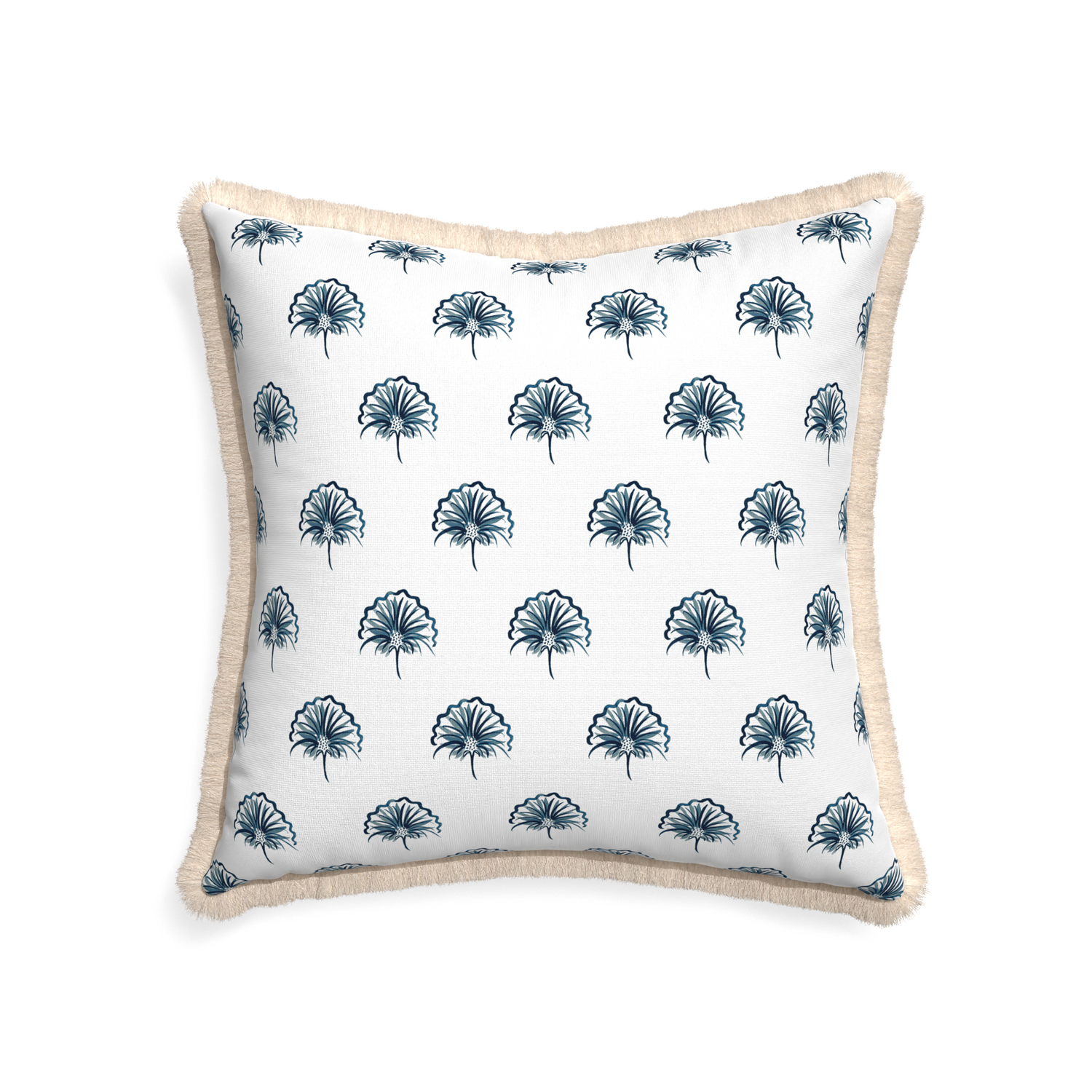 22-square penelope midnight custom floral navypillow with cream fringe on white background
