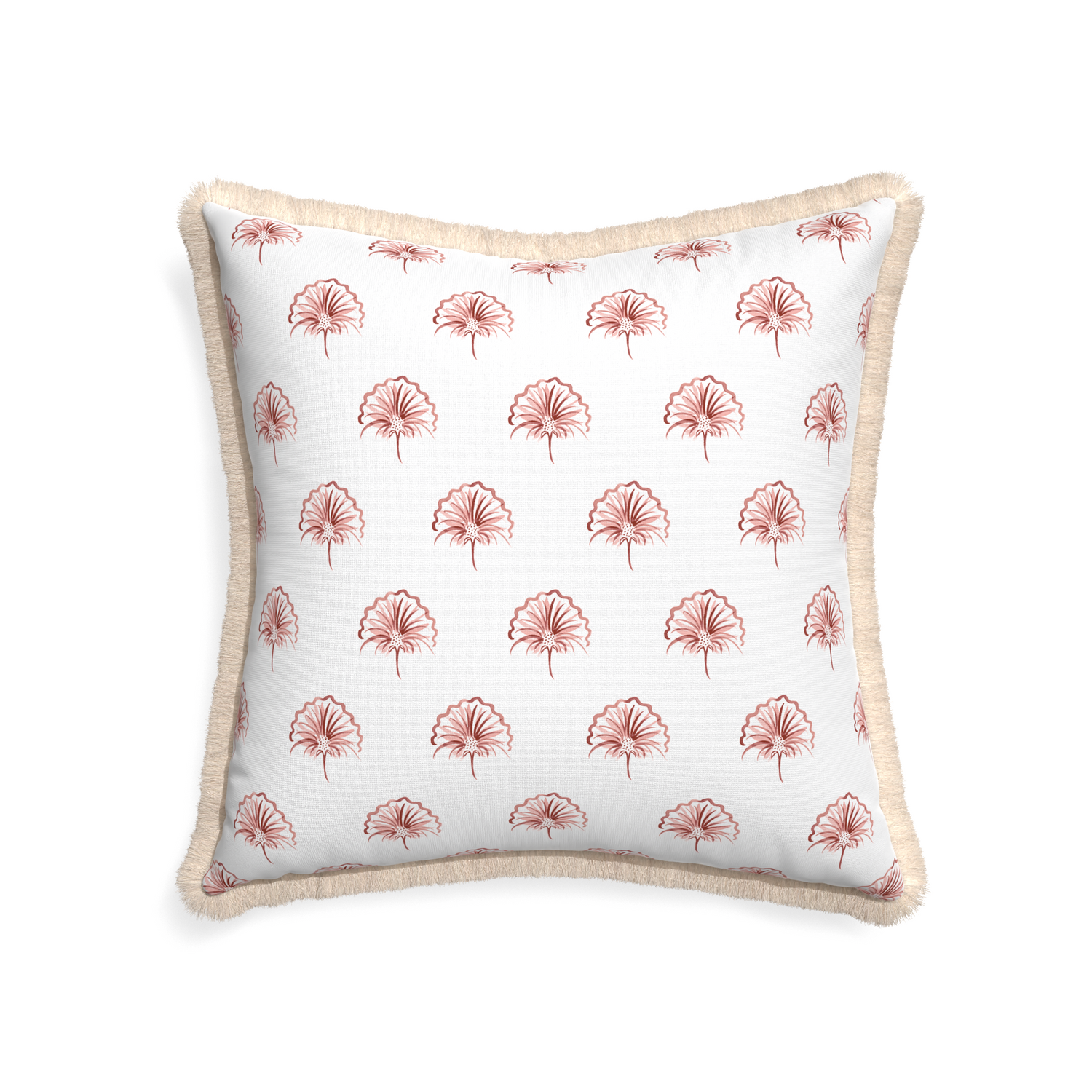 22-square penelope rose custom floral pinkpillow with cream fringe on white background
