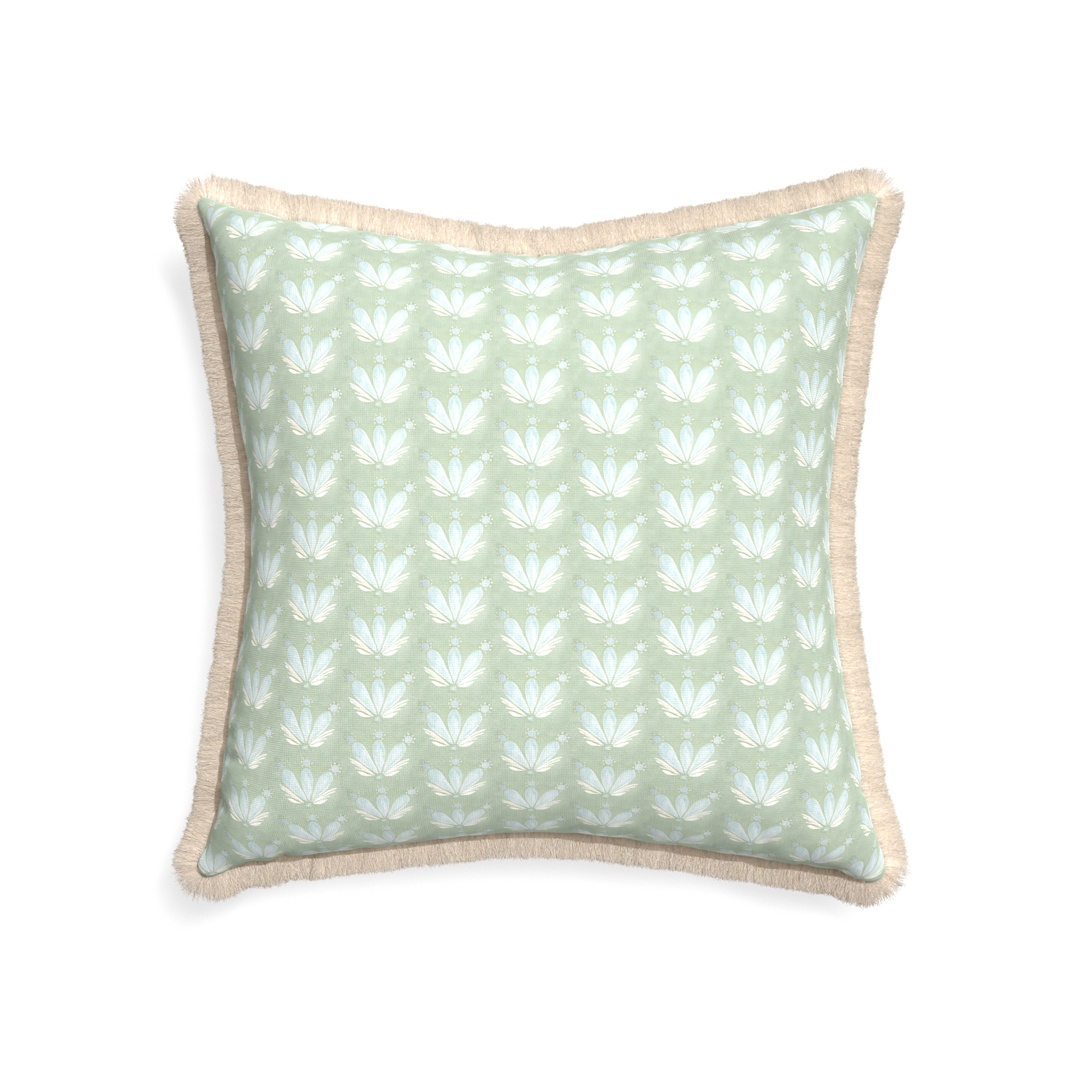 22-square serena sea salt custom blue & green floral drop repeatpillow with cream fringe on white background