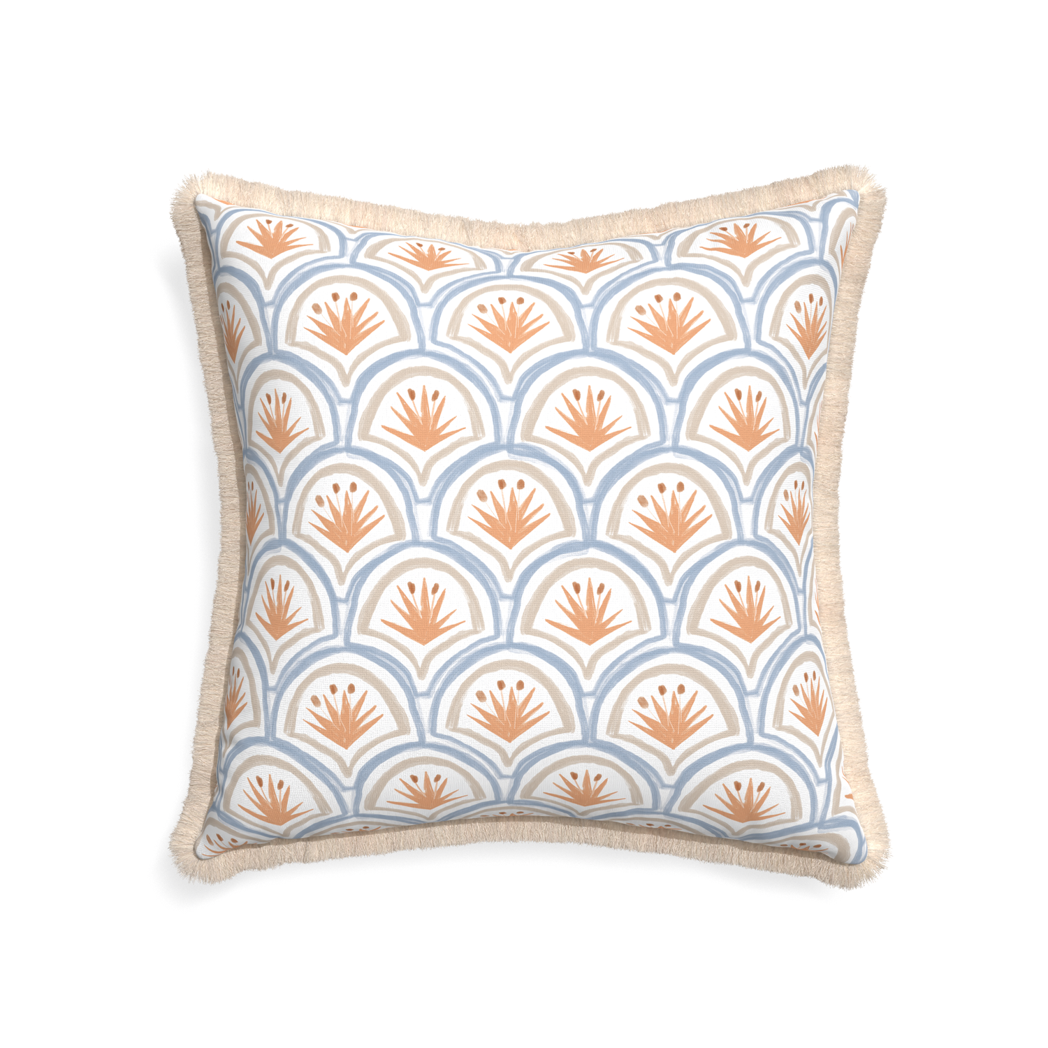 22-square thatcher apricot custom art deco palm patternpillow with cream fringe on white background