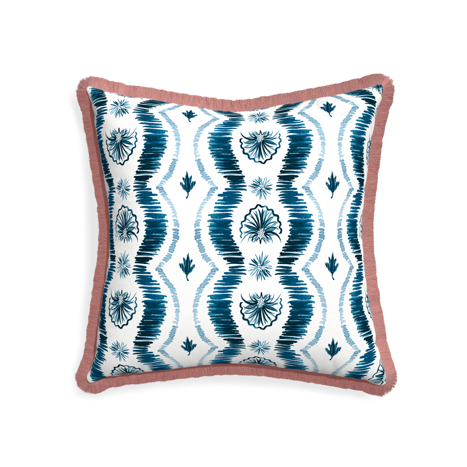 22 inch Square Blue Ikat Stripe Pillow with dusty rose fringe