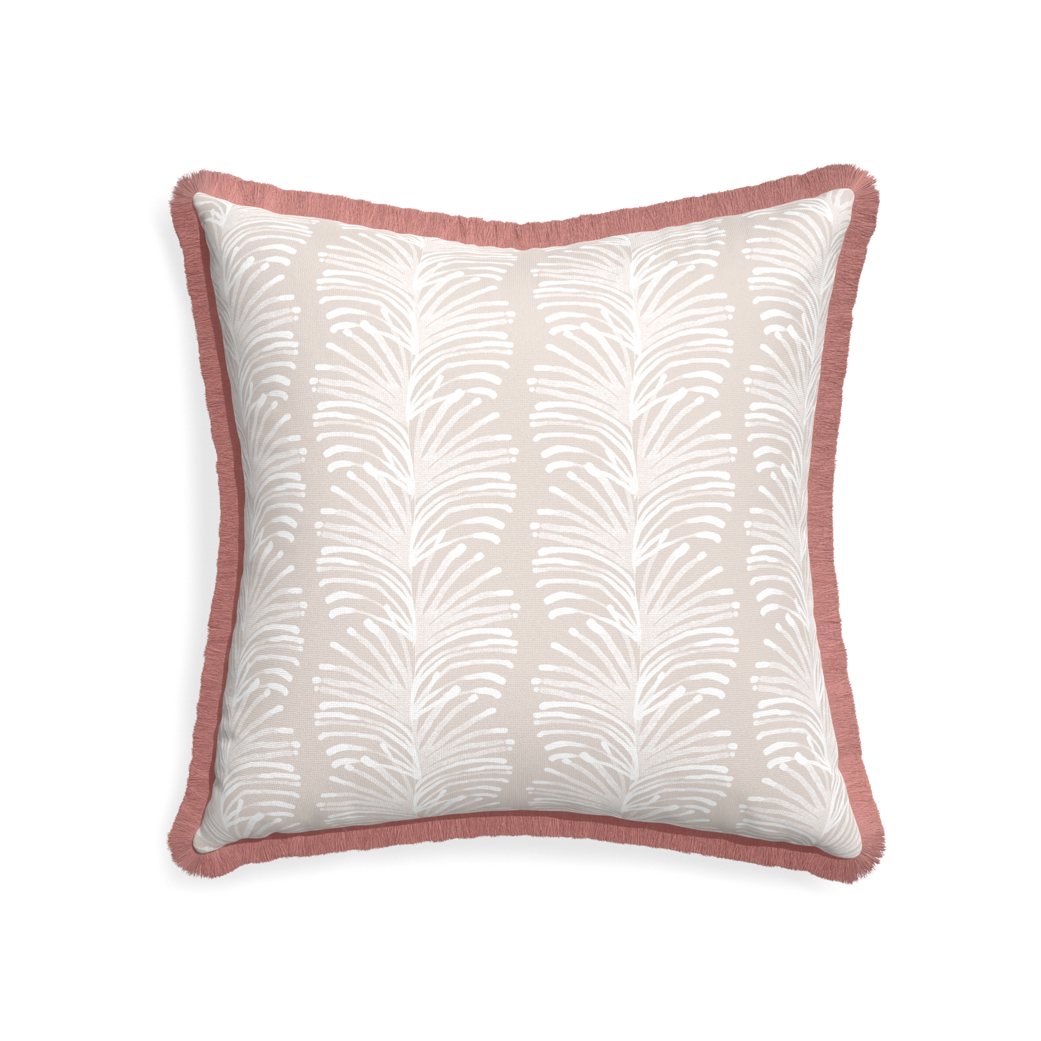 22-square emma sand custom sand colored botanical stripepillow with d fringe on white background