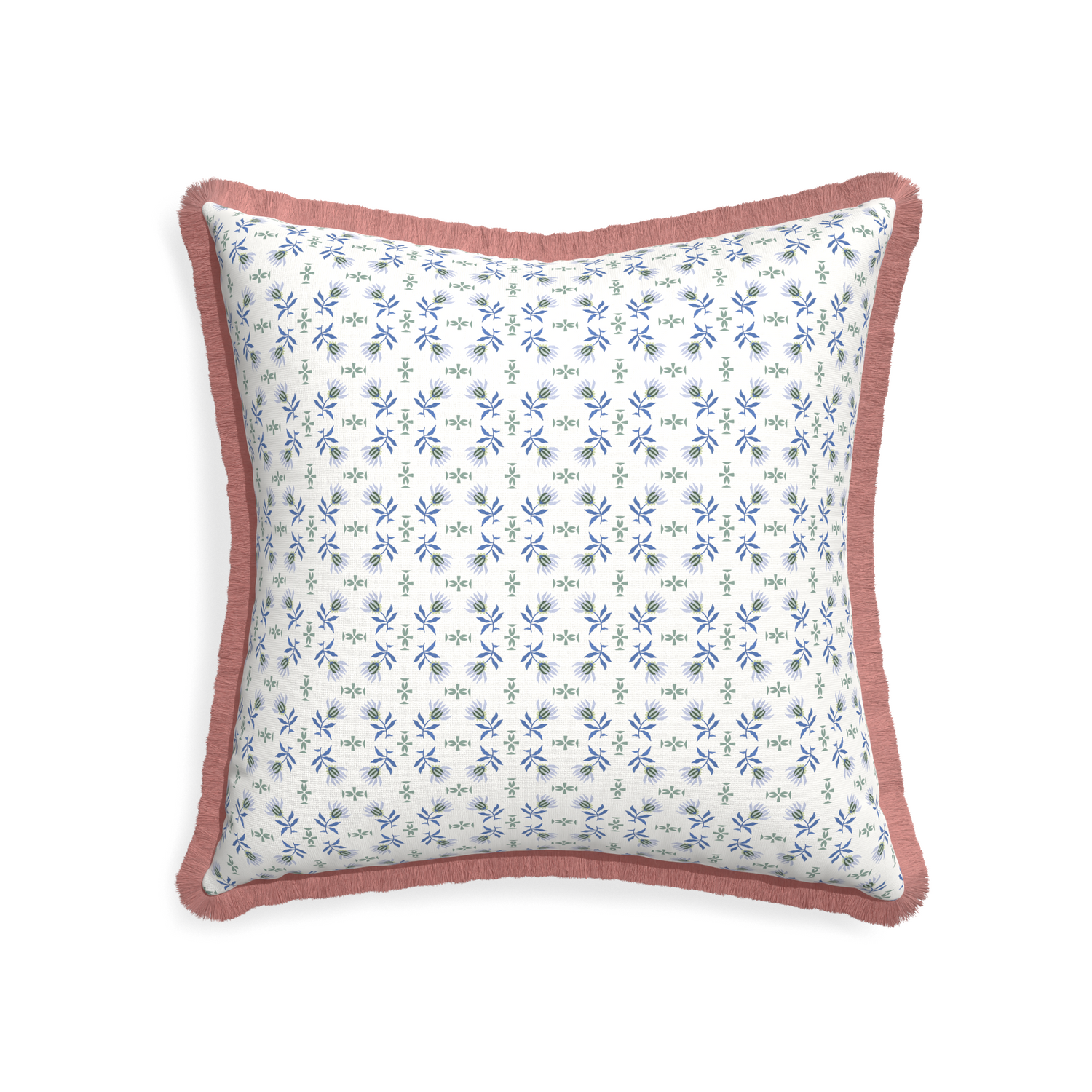 22-square lee custom blue & green floralpillow with d fringe on white background