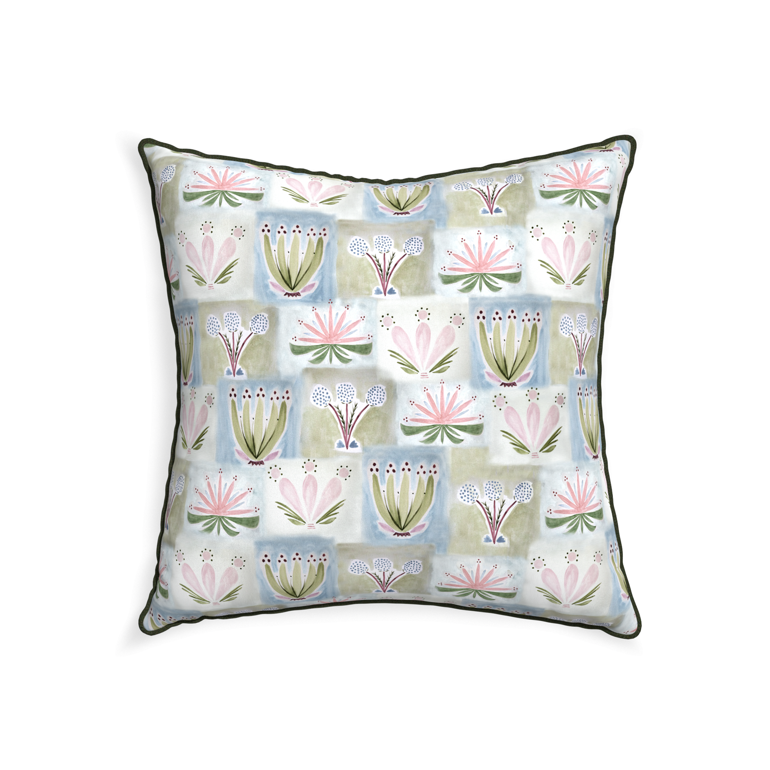 22-square harper custom hand-painted floralpillow with f piping on white background