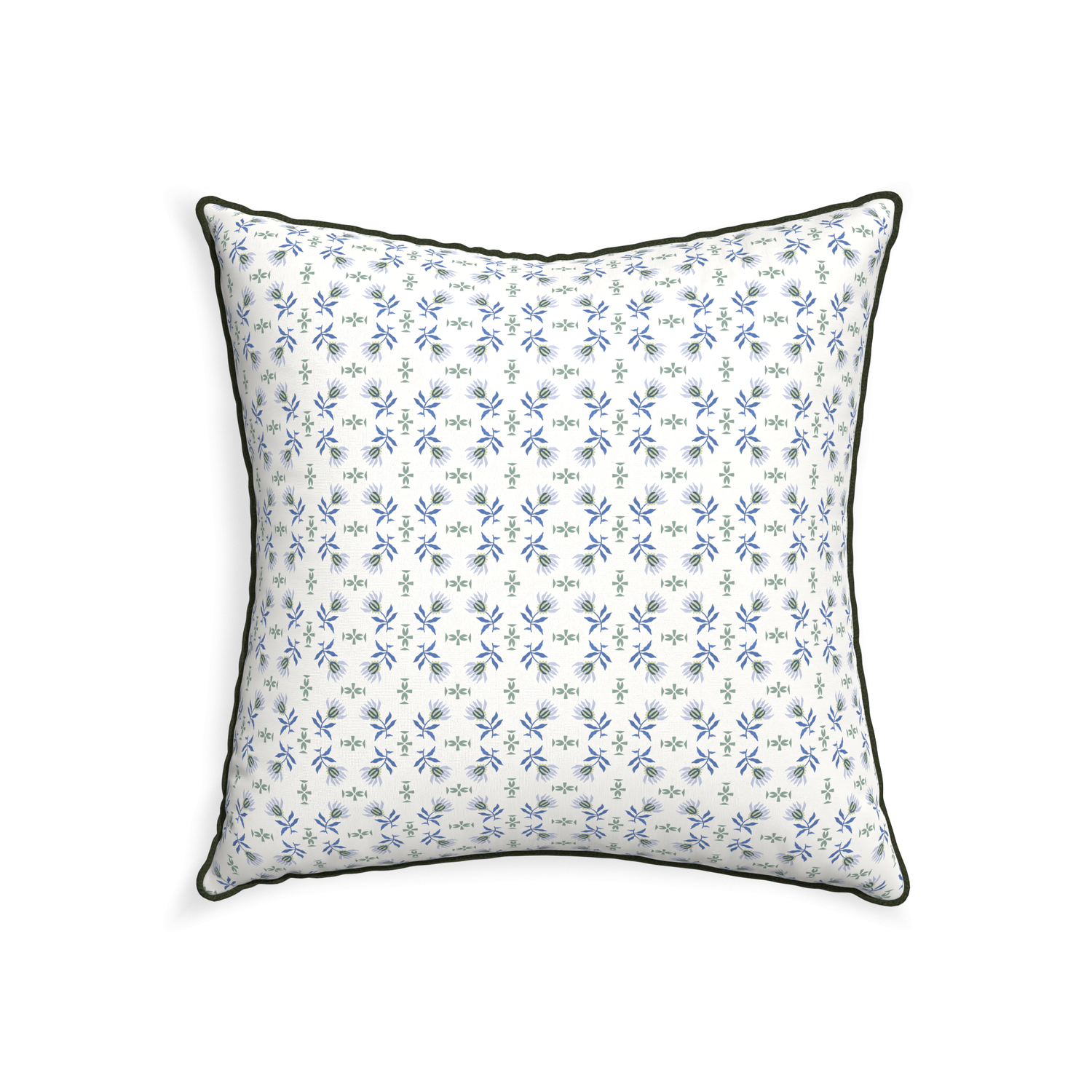 22-square lee custom blue & green floralpillow with f piping on white background