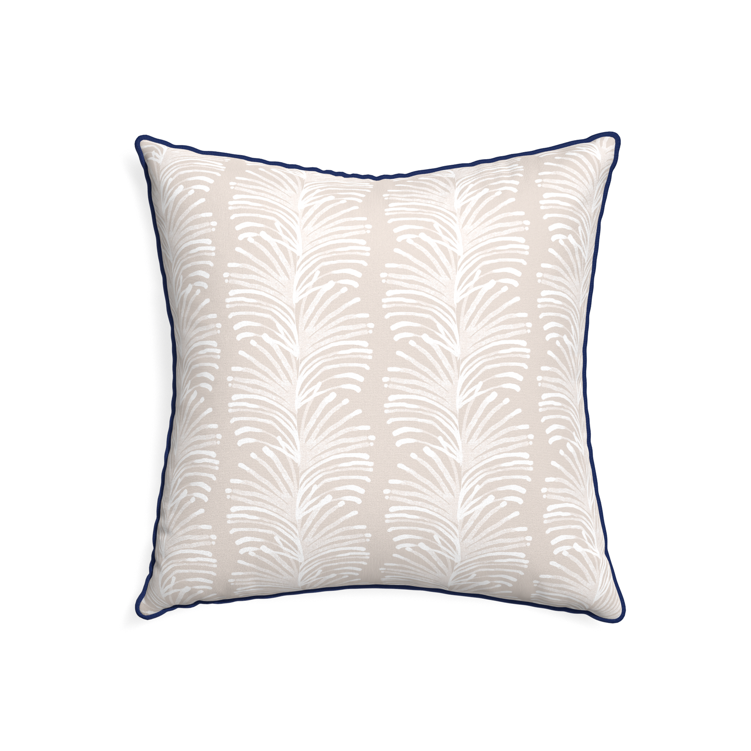 22-square emma sand custom sand colored botanical stripepillow with midnight piping on white background