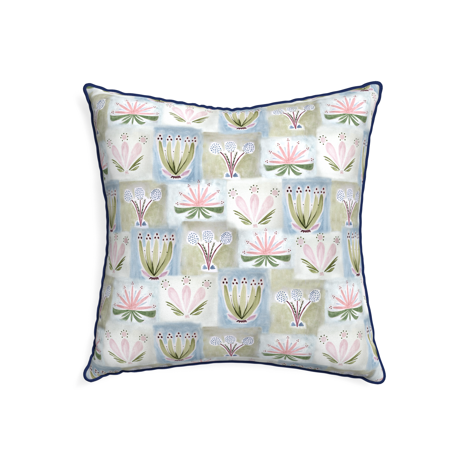 22-square harper custom hand-painted floralpillow with midnight piping on white background