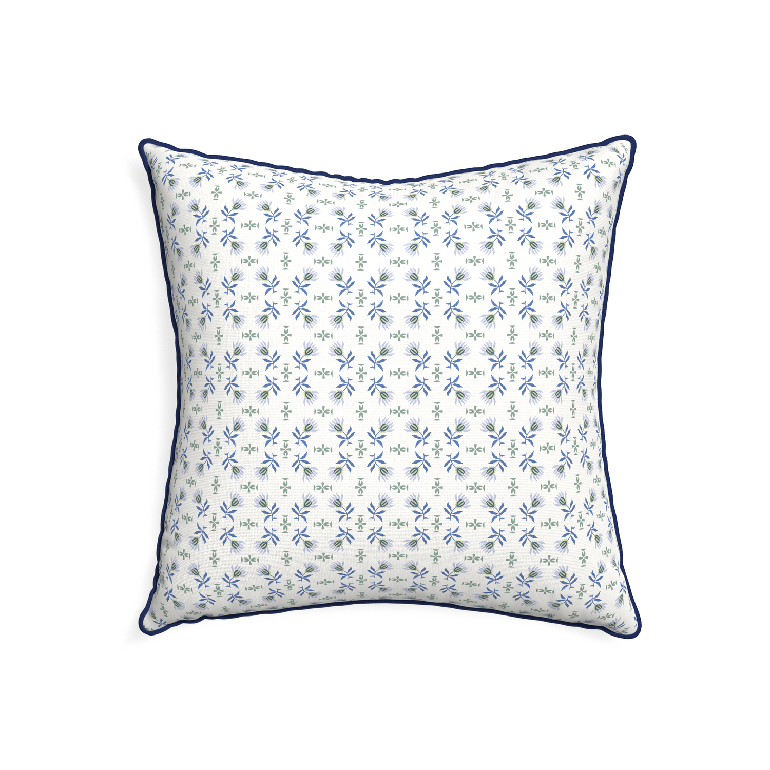 22-square lee custom blue & green floralpillow with midnight piping on white background