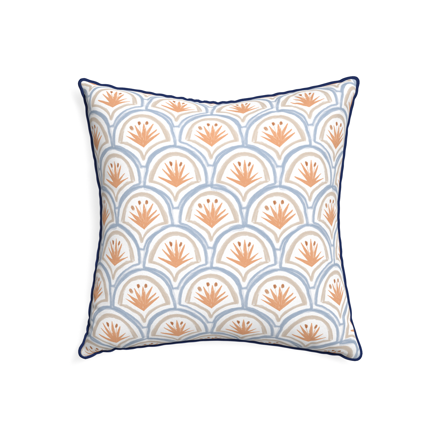 22-square thatcher apricot custom art deco palm patternpillow with midnight piping on white background
